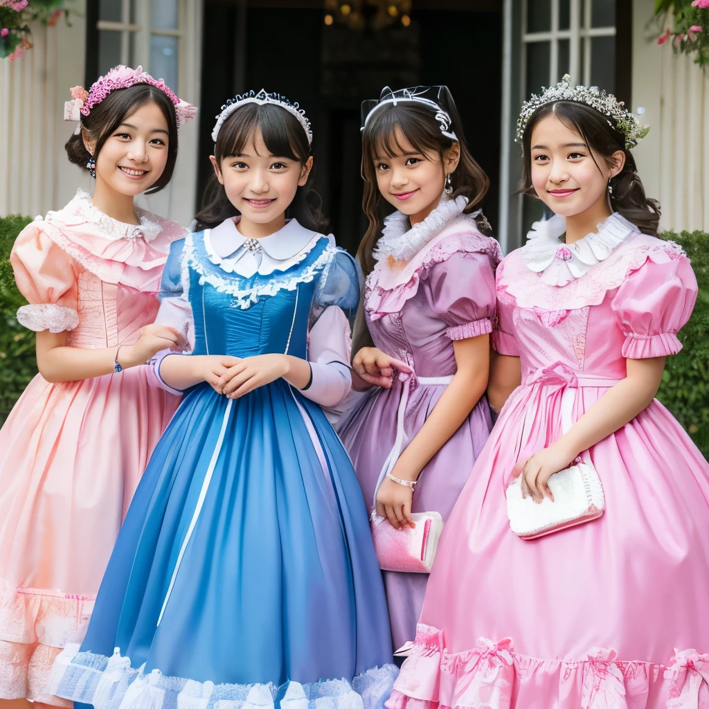 highest quality, masterpiece, highest resolution, artwork, super それにget used to it, many get used to it, get used to it, それにget used to it,, girl,可愛いgirl達,(()),((All girls)),girlはお姫様です,everyone wears a tiara on their head,((All are wearing pink Victorian dresses with voluminous full-length hoop skirts)),(Long sleeves with ruffles),((A long dress that almost touches the floor)),A dress with lots of frills and ribbons..,((ruffle yoke collar)),luxury,inside the palace,Satin fabric dresses,