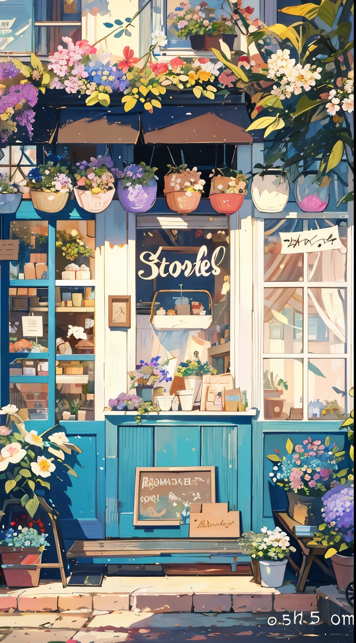 There is a painting of a storefront,Flowers on the window, cozy cafe background, flower shop scene, cute bakery shop, Anime background art, pastel style painting, cottagecore!!, cottagecore, beautiful aesthetic art, painting illustration, dreamy aesthetic, high detailed store, arte de fundo, detailed soft painting, detailed scene, Lofi art