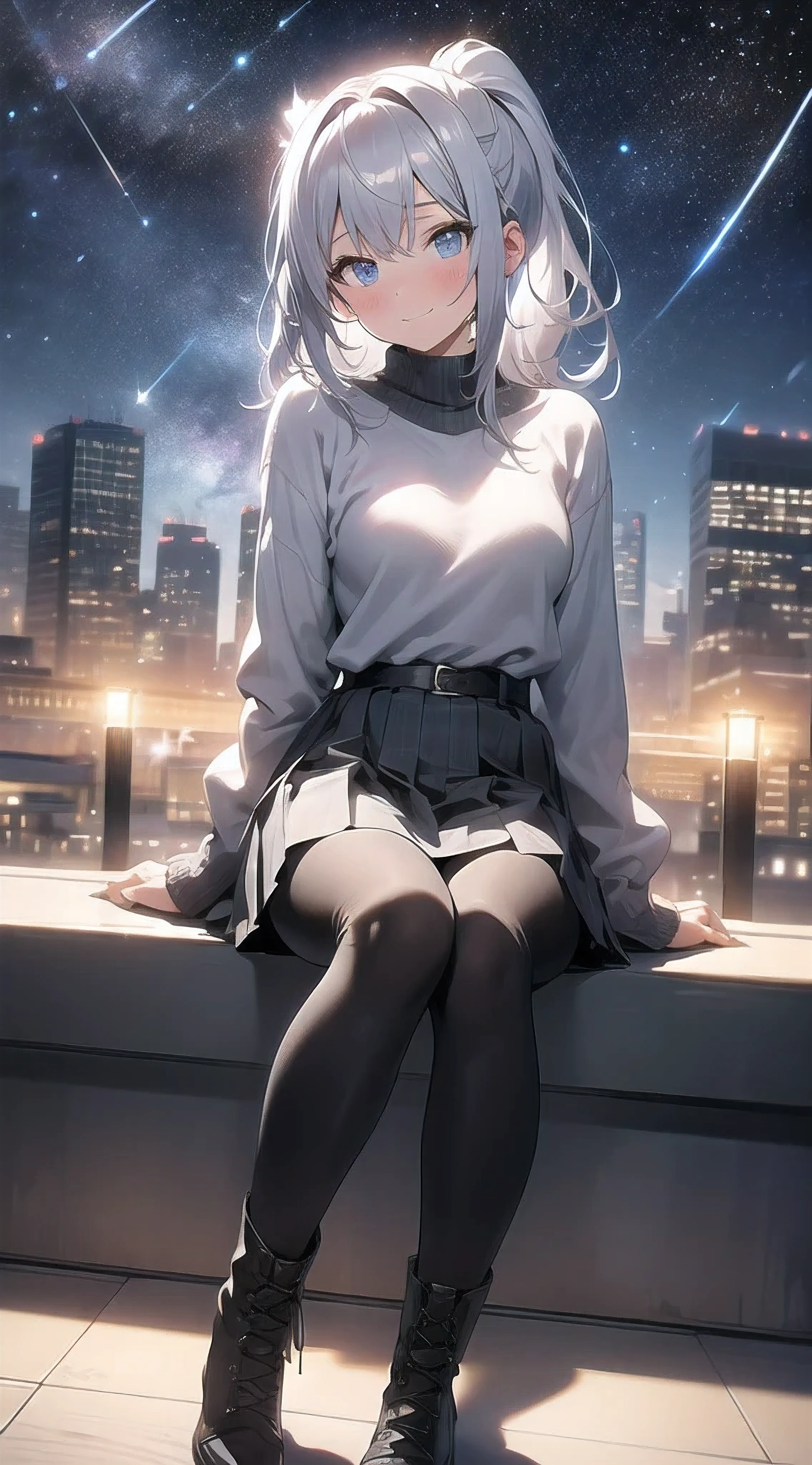 masterpiece, 4K,retina, incredible_ridiculous, The original, night, Star, Milky Way, beautiful detailed sky, city View, Sensual mature woman, silver hair, ponytail, light blush, dark blue eyes, white sweater, gray pleats_skirt, black pantyhose, Black knees_high boots, arms behind the body, looking at the audience, Sitting on the sofa, Sad smile, full-body shot,