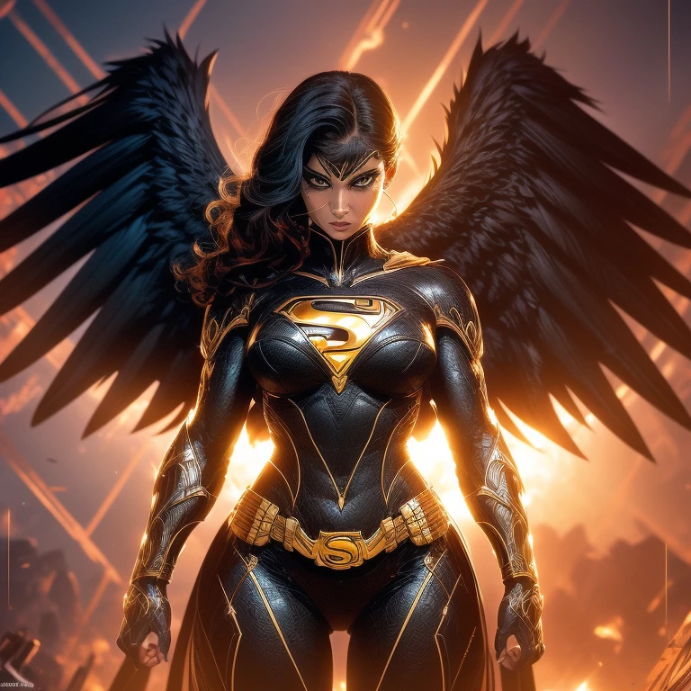 (1girl), (Iconic HawkgirL), in focus, photograph, (stylized, comic-book realism), (full body shot), wings spread wide, chest area accentuated, big breasts, detailed musculature, defined arms, wings feathers ruffled, intense gaze, red and gold armor, golden hoop earrings, bold black eyes, textured skin, intricate details, high quality, vibrant colors, comic book art style, dynamic pose.