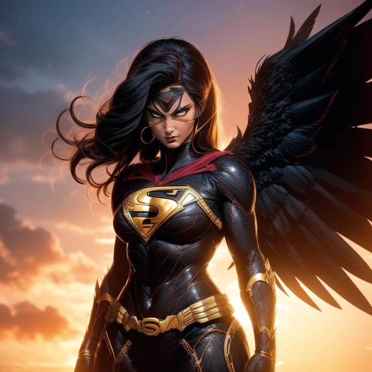 (1girl), (Iconic HawkgirL), in focus, photograph, (stylized, comic-book realism), (full body shot), wings spread wide, chest area accentuated, big breasts, detailed musculature, defined arms, wings feathers ruffled, intense gaze, red and gold armor, golden hoop earrings, bold black eyes, textured skin, intricate details, high quality, vibrant colors, comic book art style, dynamic pose.