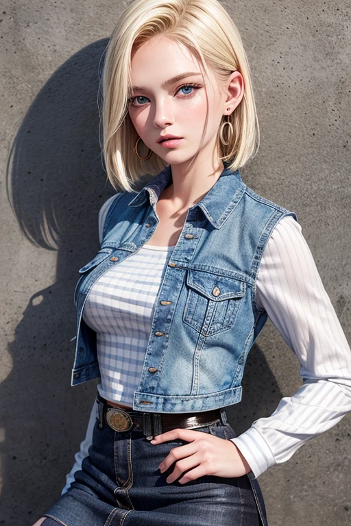 highest quality, High resolution, and 18, 1 girl, android 18, alone, blonde hair, blue eyes, short hair, earrings, jewelry, denim dress, open vest, black pantyhose, black shirt, jean skirt, striped long sleeve, blue skirt, medium breasts, cowboy shot, street, (external expansion chest: 1.2)
