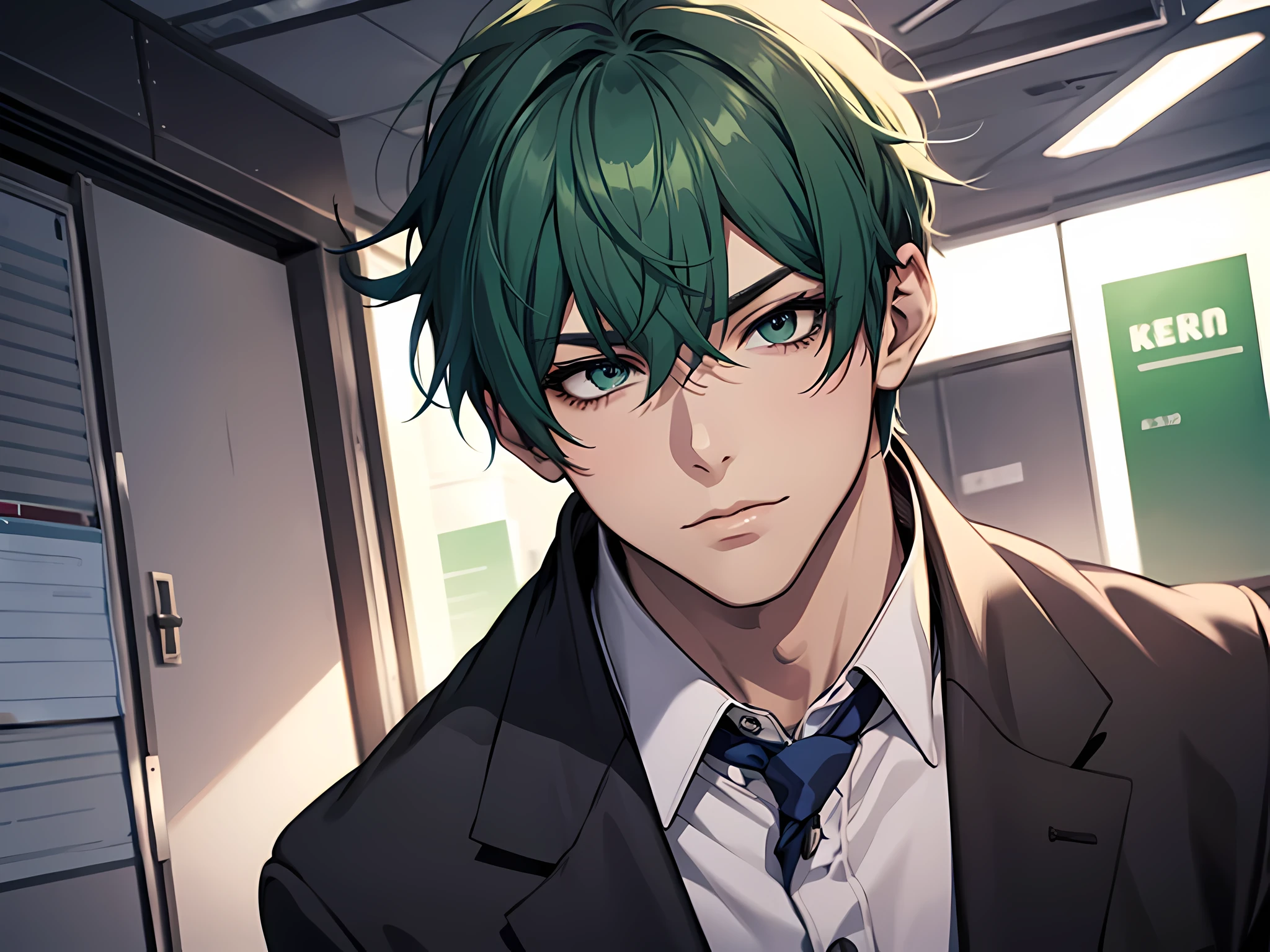 1 man, salaryman, green hair, short hair, working in office, face to detail, detailed eyes, the background is in office, half-body illustration