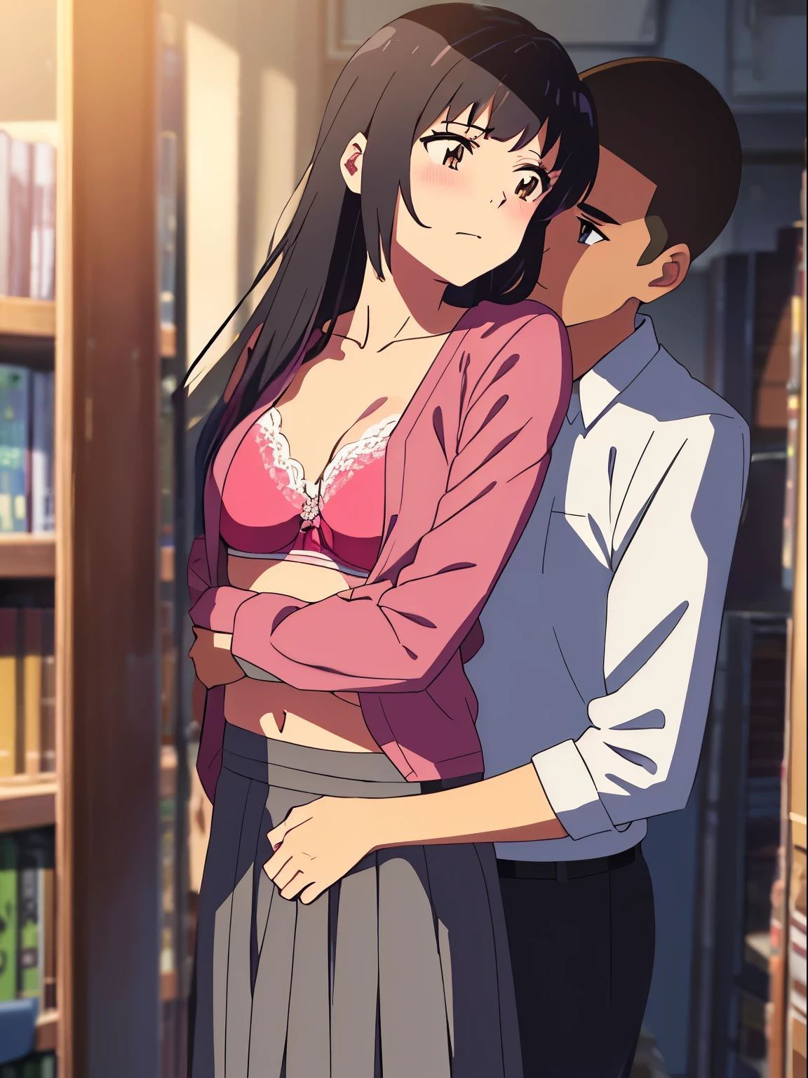 shinkai makoto, kimi no na wa., 1boy, buzzcut,office suit, boy caressing girl's body, kiss cheeks, passionate hug, boy is hugging from behind, breast groping from behind, 1girl, bangs, black hair, brown eyes, Twisted Half Up, red ribbon, long hair, yellow blouse, open shirt, unbuttoned shirt, pink bra, cleavage, breast, medium breast, long gray skirt, storage room, indoors, masterpiece, perfect anatomy, cowboyshot