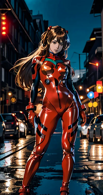 best quality, masterpiece, realistic, photorealistic, Kristin Kreuk, extremely muscular, vascular, defined abs, 1girl, solo, looking at viewer, full body, standing, long hair, asuka cosplay costume, cosplay, plugsuit, bodysuit, hair ornament, detailed background, in street, night, light, rain,