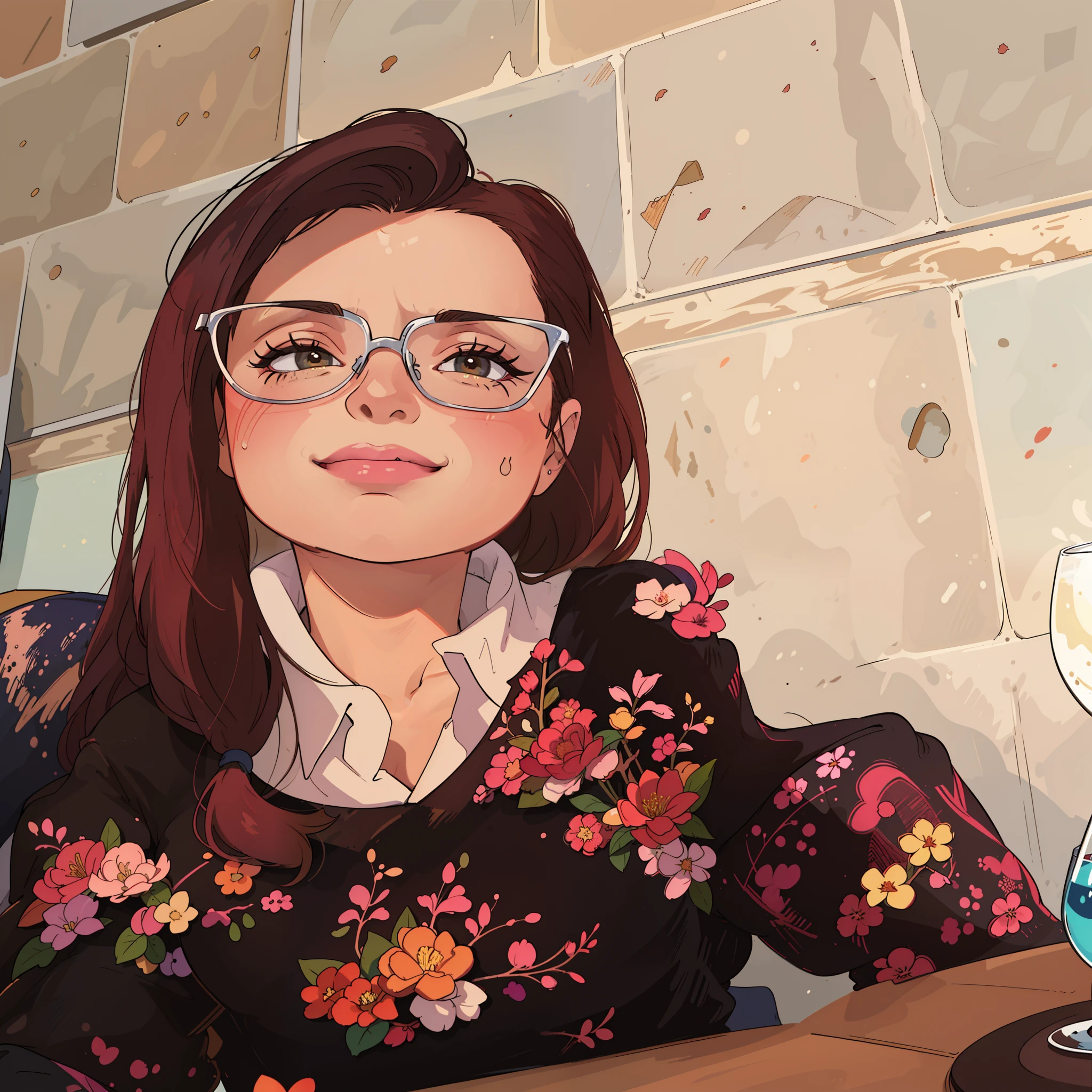 there is a woman sitting at a table with a glass of wine, by Nándor Katona, inspired by Maria Helena Vieira da Silva, 3 0 years woman, 3 5 year brazilian mother, pilar, estefania villegas burgos, looks like fabiula nascimento, foto realista, roge antonio, lorena avarez