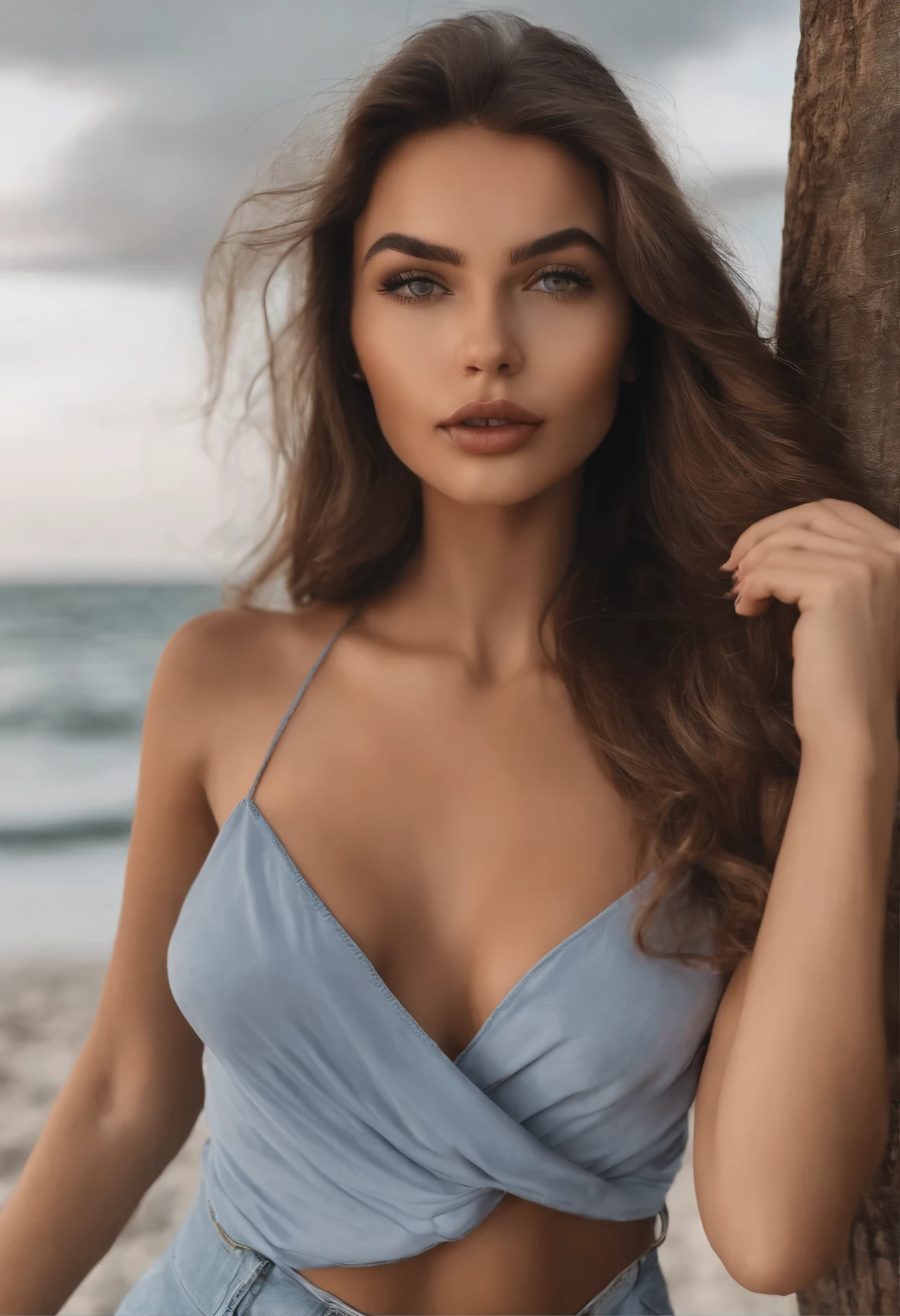 arafed femme pleinement , fille sexy aux yeux bruns, ultra réaliste, minutieusement détaillé, Portrait de Sophie Mudd, cheveux bruns et grands yeux, selfie d'une jeune femme, Les yeux de Dubaï, Violette Myers, sans maquillage, Maquillage naturel, regarder directement la caméra, visage avec artgram, maquillage subtil, superbe photo a la plage, tout le corps, bikini