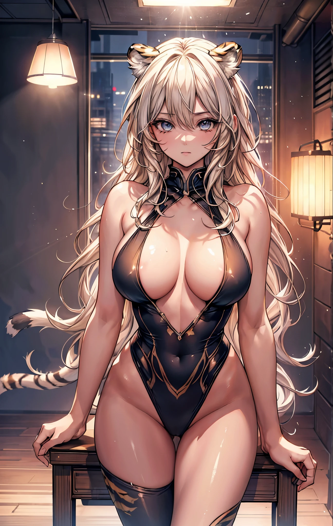 {{masterpiece}},best quality,Highly detailed CG Unity 8K wallpaper,One woman,movie lighting,lens flare glow,
perfect style, perfect body, clear beautiful eyes, long eyelashes, beautiful tiger girl, sexy tiger print swimsuit,