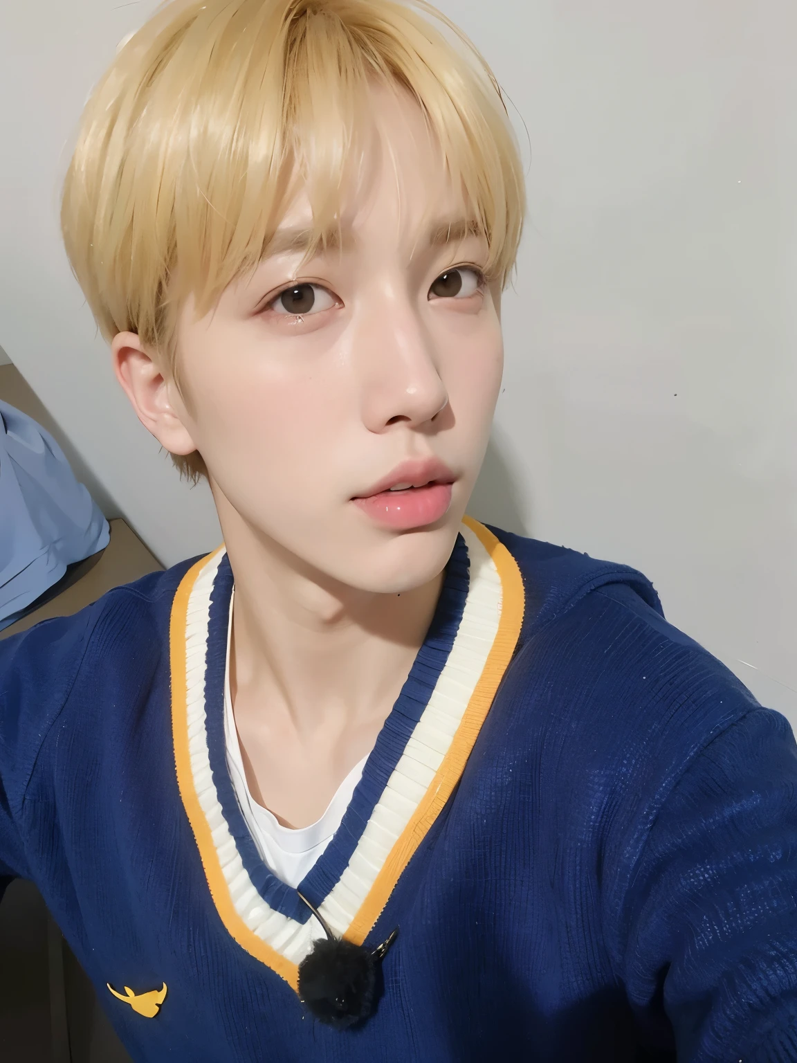 short-haired boy with blond hair wearing a blue sweater and a white shirt, cai xukun, Kim Doyoung, Jungkook, hyung tae, com cabelo curto, profile picture with headshot, Jinyoung Shin, adorable and pale korean face, imagem vazada, taken at the beginning of 2020, Retrato de Jossi do Blackpink, jovem, shy smile, pintar ulzzang