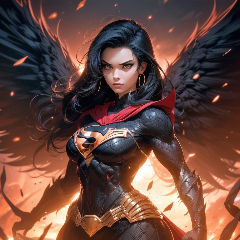 (1girl), (Iconic HawkgirL), in focus, photograph, (stylized, comic-book realism), (full body shot), wings spread wide, chest area accentuated, big breasts, detailed musculature, defined arms, wings feathers ruffled, intense gaze, red and gold armor, golden hoop earrings, bold black eyes, textured skin, intricate details, high quality, vibrant colors, comic book art style, dynamic pose.