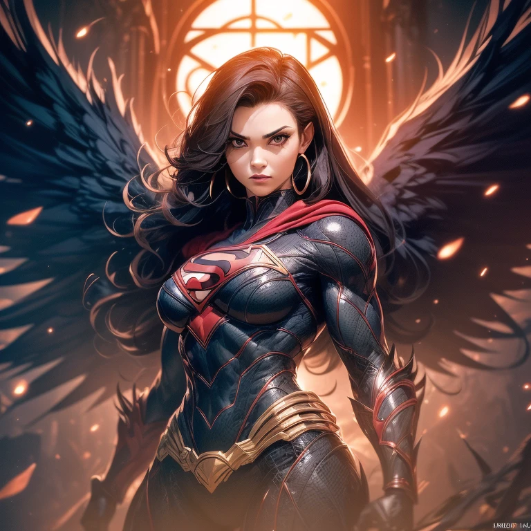 (1girl), (Iconic HawkgirL), in focus, photograph, (stylized, comic-book realism), (full body shot), wings spread wide, chest area accentuated, big breasts, detailed musculature, defined arms, wings feathers ruffled, intense gaze, red and gold armor, golden hoop earrings, bold black eyes, textured skin, intricate details, high quality, vibrant colors, comic book art style, dynamic pose.