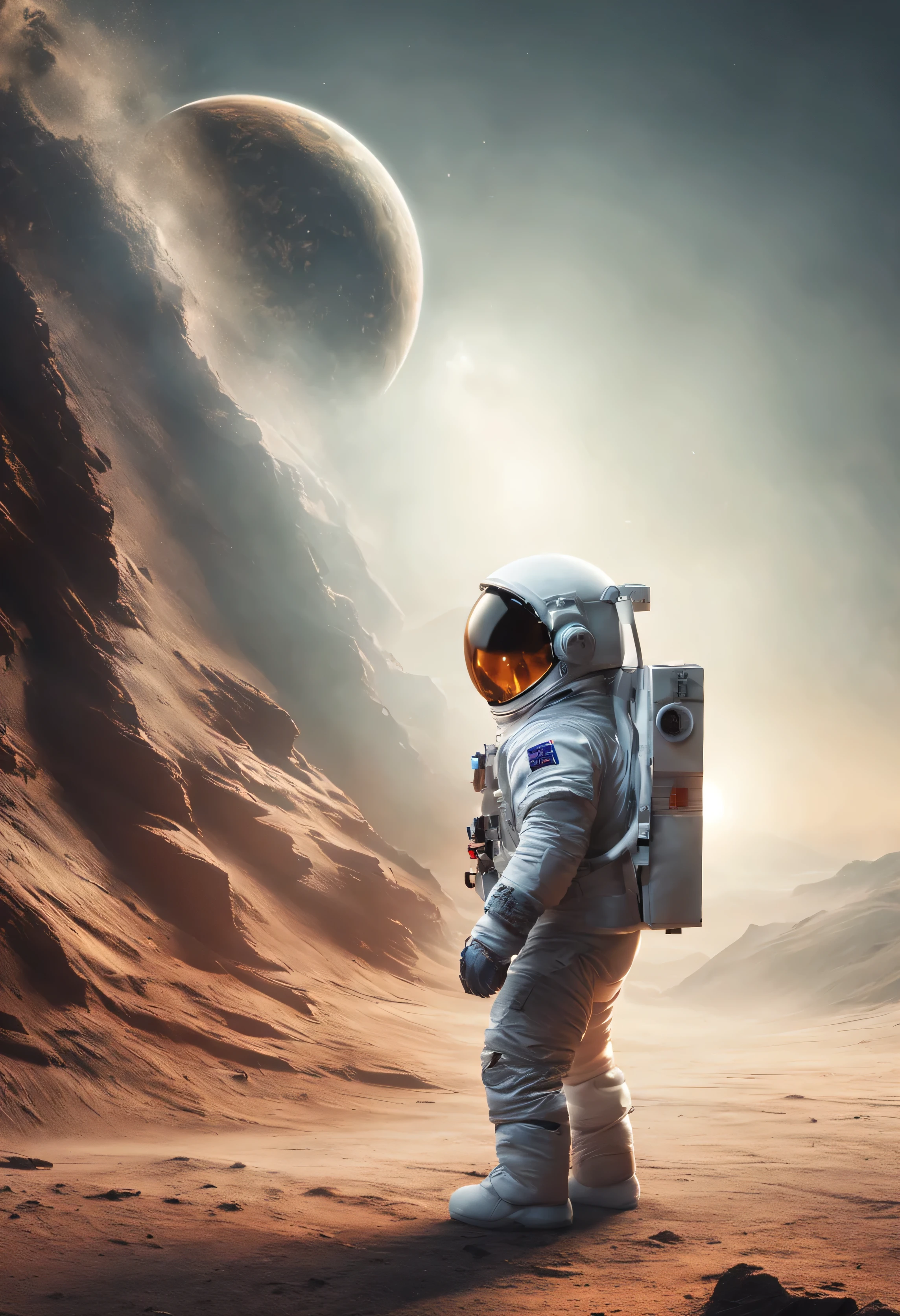 Little astronaut far from Earth, side view of the planet