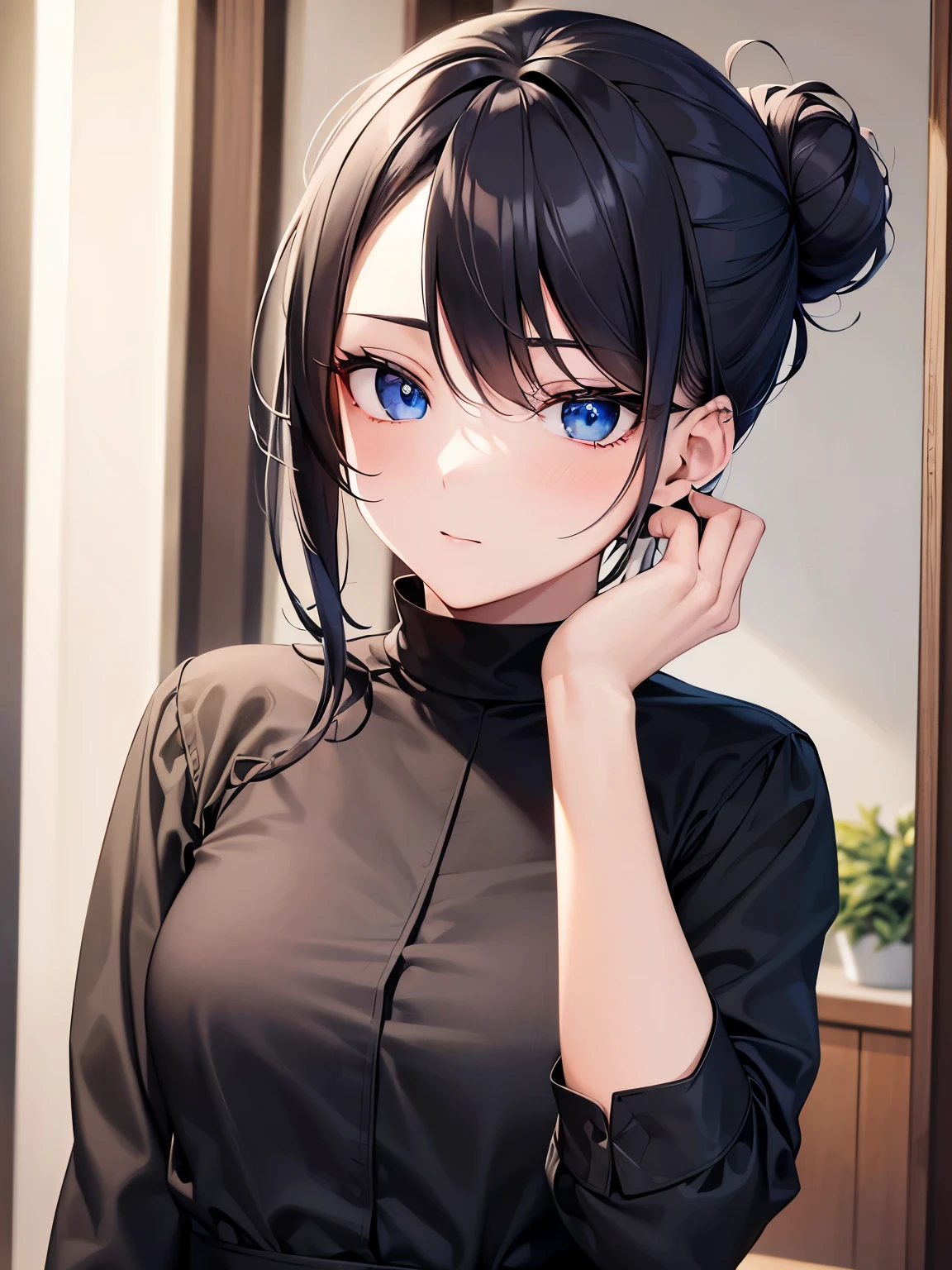 (best quality), (masterpiece), 1080p, hd, 4k, 8k, pretty face, beautiful, pretty hands, incredible, beautiful eyes, red-black hair, bun tied hair, hair lenght to shoulder, blue eyes, long eyelashes, grey long sleeve shirt, black mid-long skirt