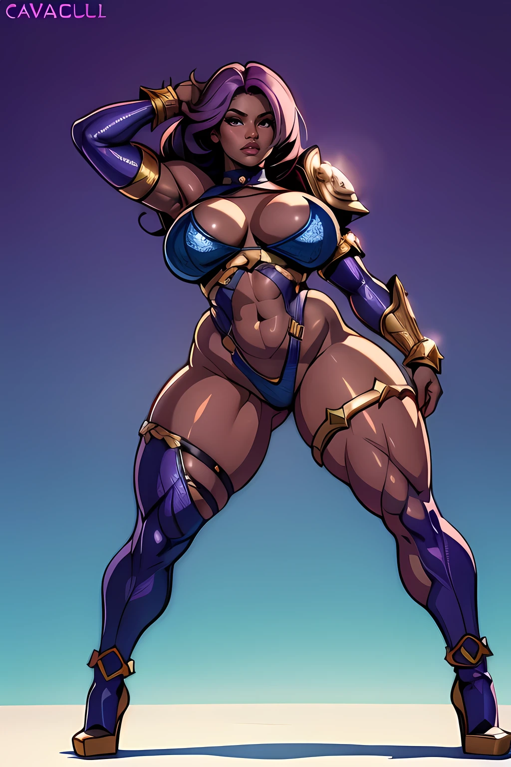 Nicki Minaj cosplaying as (Ivy from Soul Calibur), ((dark skin)), curly hair, looking at viewer, busty figure, (thick thighs) (medium breasts) well-defined legs, (chubby physique), frontal, full-length, looking at the camera, facing the audience, dynamic pose, background, three-dimensional light, sleek digital concept art, beautiful full body concept art, art trend, CGsociety full-length, view from below