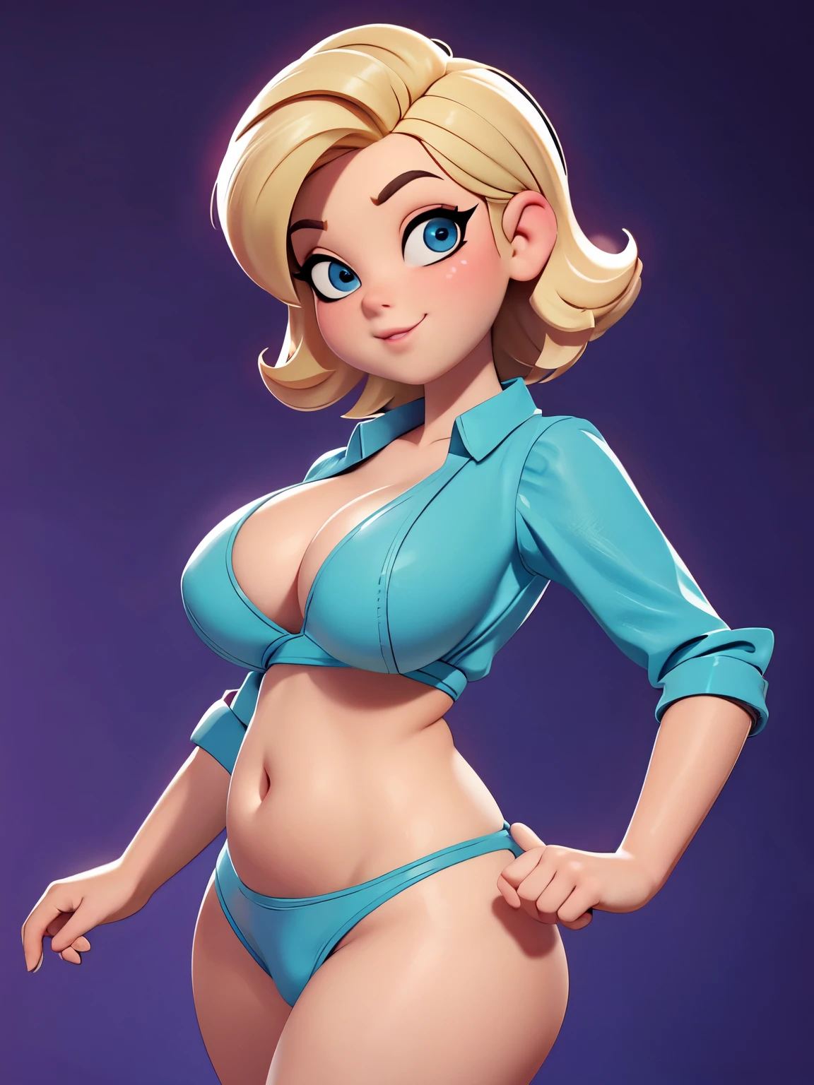 garota muito voluptuosa vestindo roupas vergonhosamente apertadas e reveladoras, chubby belly, underboobs, safada, nsfw, sensualizando em pose provocante, (((Pixar))), huge breasts, very short pixie blonde hair