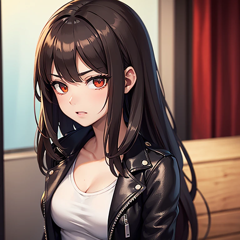 beautiful, DARK BROWN LONG HAIR, white tanktop with rocker leather jacket, ONE GIRL, looking into screen, zip lips, RED EYE, ANTAGONIST, shy, red face