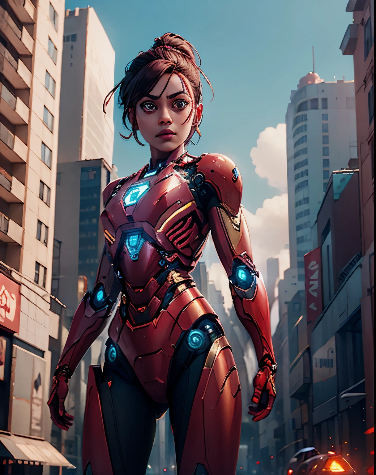 Indian cyborg girl destroying City and walking away like iron man