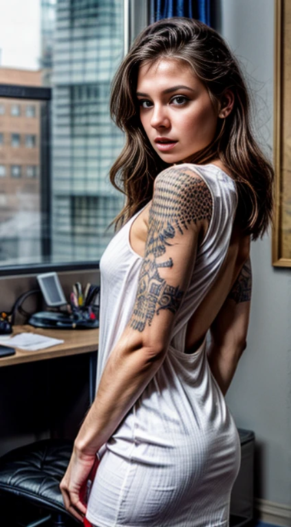 raw photo,wide angle lens,a Italian girl with a long straight brown hair in a office party,realistic face,wearing an elegant open back black violet v neck dress,tattooed,
Blue eyes,(Full body view:1.2),extremely detailed eyes,realism,high quality rendering,intricate details,surreal portrait,lifelike skin pores,perfect body,best hands,high quality,ultra detailed face,high definition,hyper detailed,HDR,8k,uhd,dslr,extreme skin details,natural lighting,35mm,photography cinema,FujiFilm XT3,ultra-realistic,