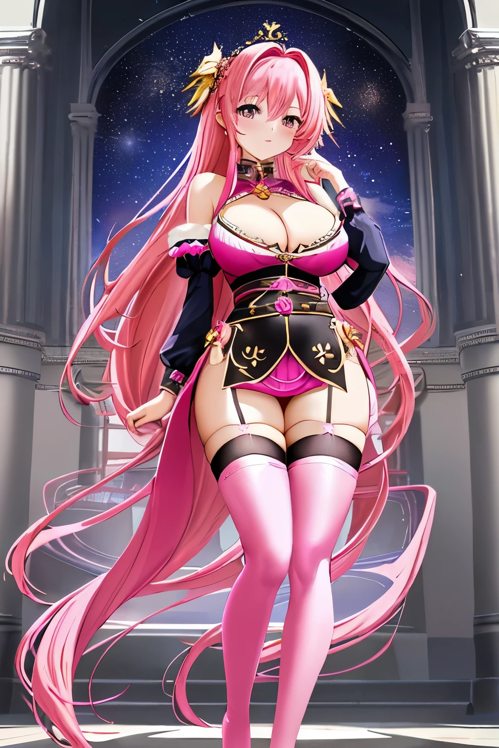 (Goddess figure:1.1), (Pink hair:1.2), (????????????????:1.3), (Cleavage:1.4), (Small waist:1.5), (Thigh-high stockings:1.6),

Masterpiece depiction:
A divine goddess stands before you, her pink locks cascading down her back, framing her ethereal face. Her voluptuous figure is accentuated by her generous cleavage and tiny waist, creating an alluring contrast. She wears thigh-high stockings that add to her captivating allure. This stunning masterpiece is brought to life in high resolution, allowing every detail to
