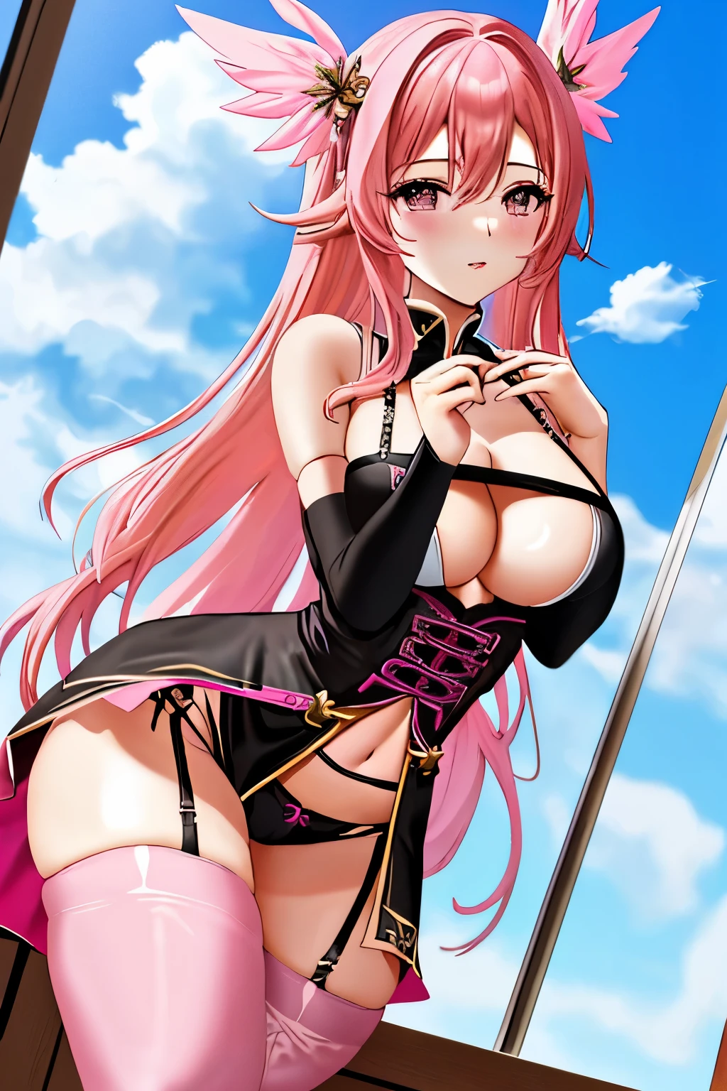 (Goddess figure:1.1), (Pink hair:1.2), (Gigantic breasts:1.3), (Cleavage:1.4), (Small waist:1.5), (Thigh-high stockings:1.6),

Masterpiece depiction:
A divine goddess stands before you, her pink locks cascading down her back, framing her ethereal face. Her voluptuous figure is accentuated by her generous cleavage and tiny waist, creating an alluring contrast. She wears thigh-high stockings that add to her captivating allure. This stunning masterpiece is brought to life in high resolution, allowing every detail to