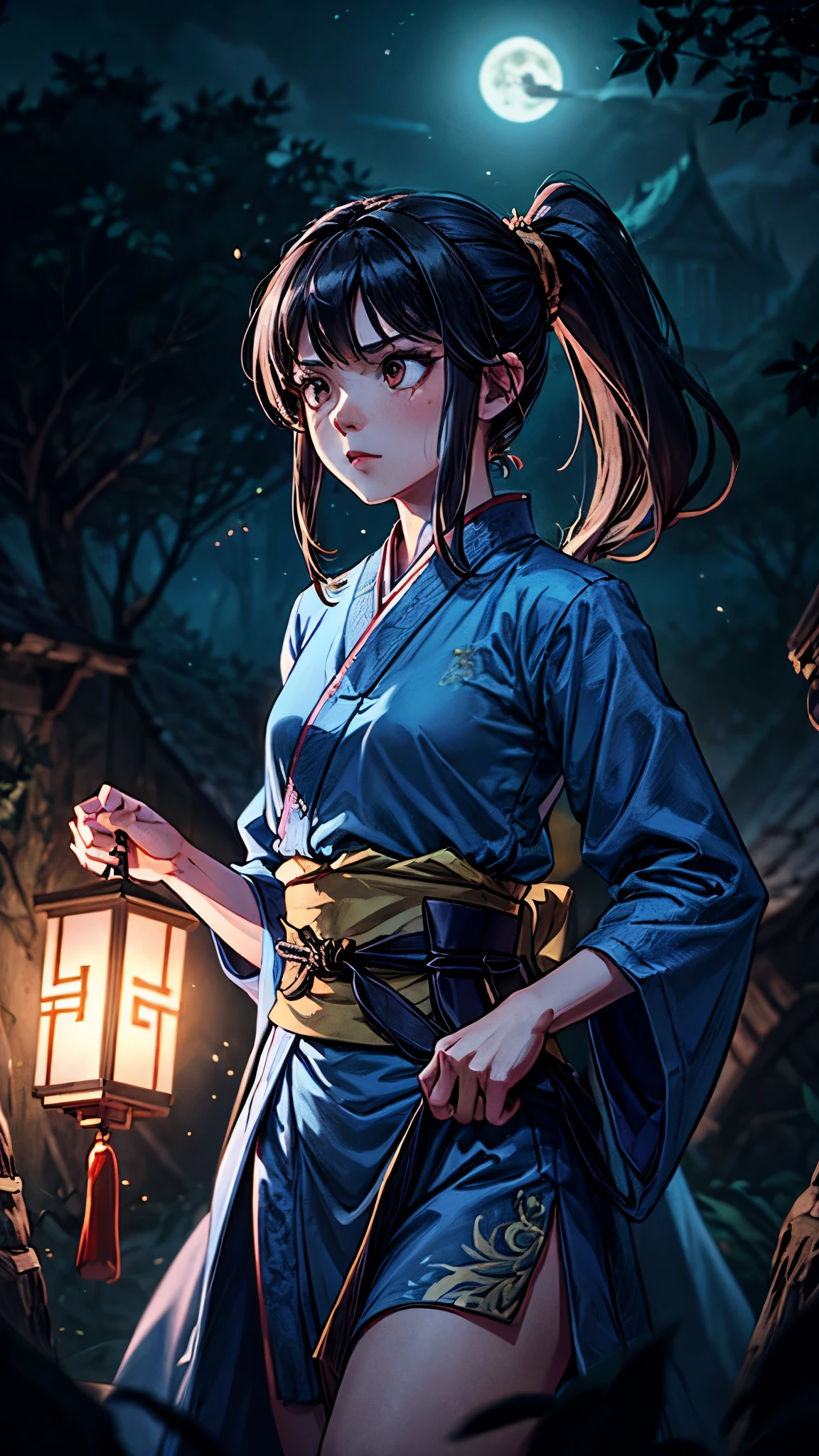 SFW, masterpiece, highly detailed, best quality, scene of a goddess girl with long dark hair showcasing a fierce martial arts, 1girl, solo, chinese clothes, long ponytail, long hair, blue hanfu clothing, black hair, bangs, brown eyes, sash, flowing clothes, Forrest landscape, fantasy theme, xianxia theme, horror theme, night theme, minimal lighting, particles effect, ray tracing, depth of field, 8k,