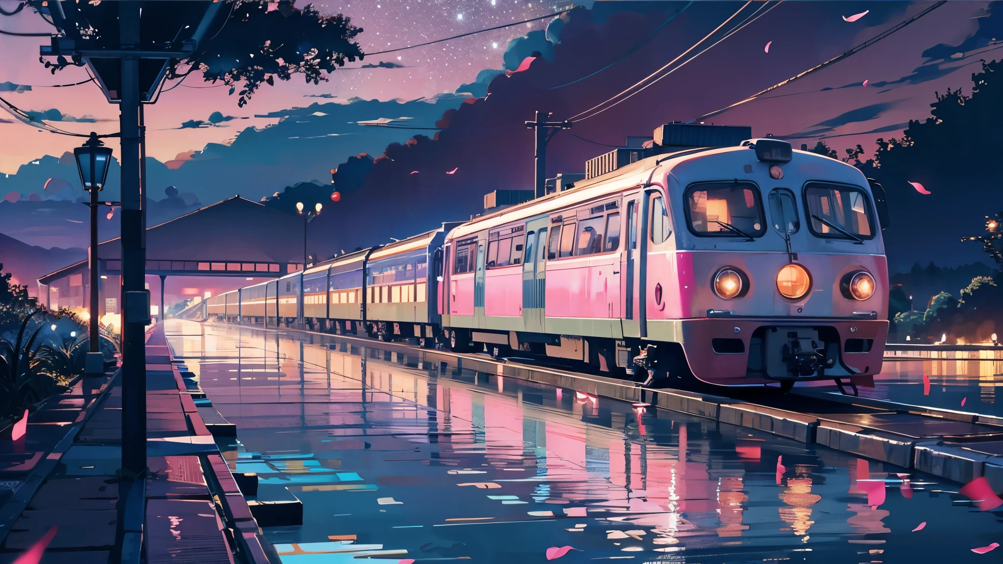 Cartoon train passing through body of water on rails, bright starry sky. pink romantic train, Picture of Makoto Shinkai, pure, concept art, Lofi Art style, reflection.,Shinkai Makoto animation art style, Lofi Art, beautiful anime scene, anime scenery, detailed scenic view, Xin Haicheng's style, Xin Haicheng's style, Enhance details