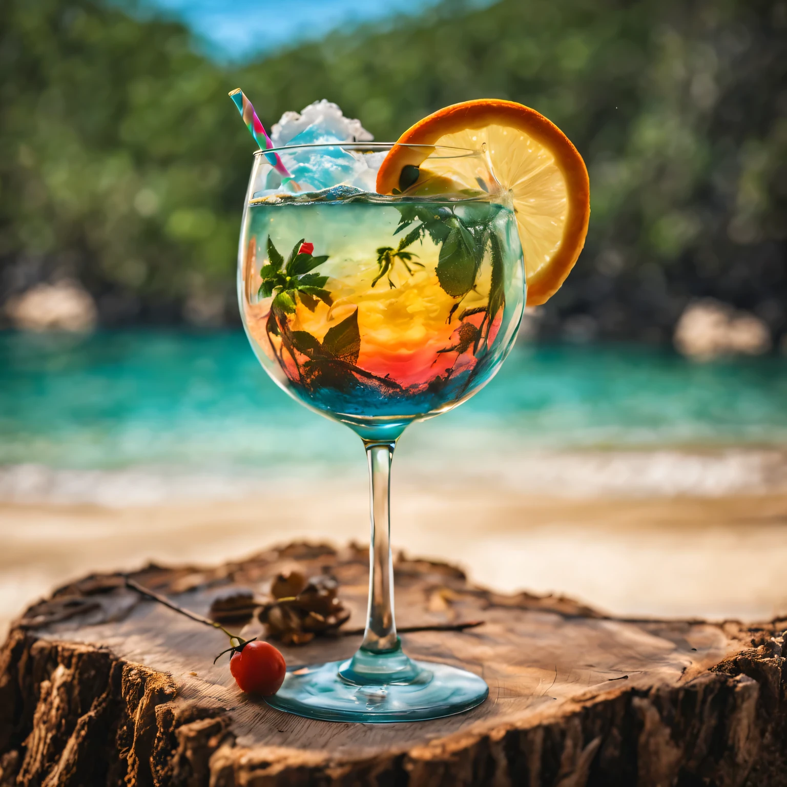 Double exposure photography: in the forest there is a large beautiful cocktail glass on a wooden stump, in glass - second exposure, depicting a mixture of beach life and people swimming in the sea in colorful swimsuits and sunglasses., The beach life blend fits neatly into the contours of a cocktail glass and replaces a cocktail, high detail, bright colors, Realistic photo