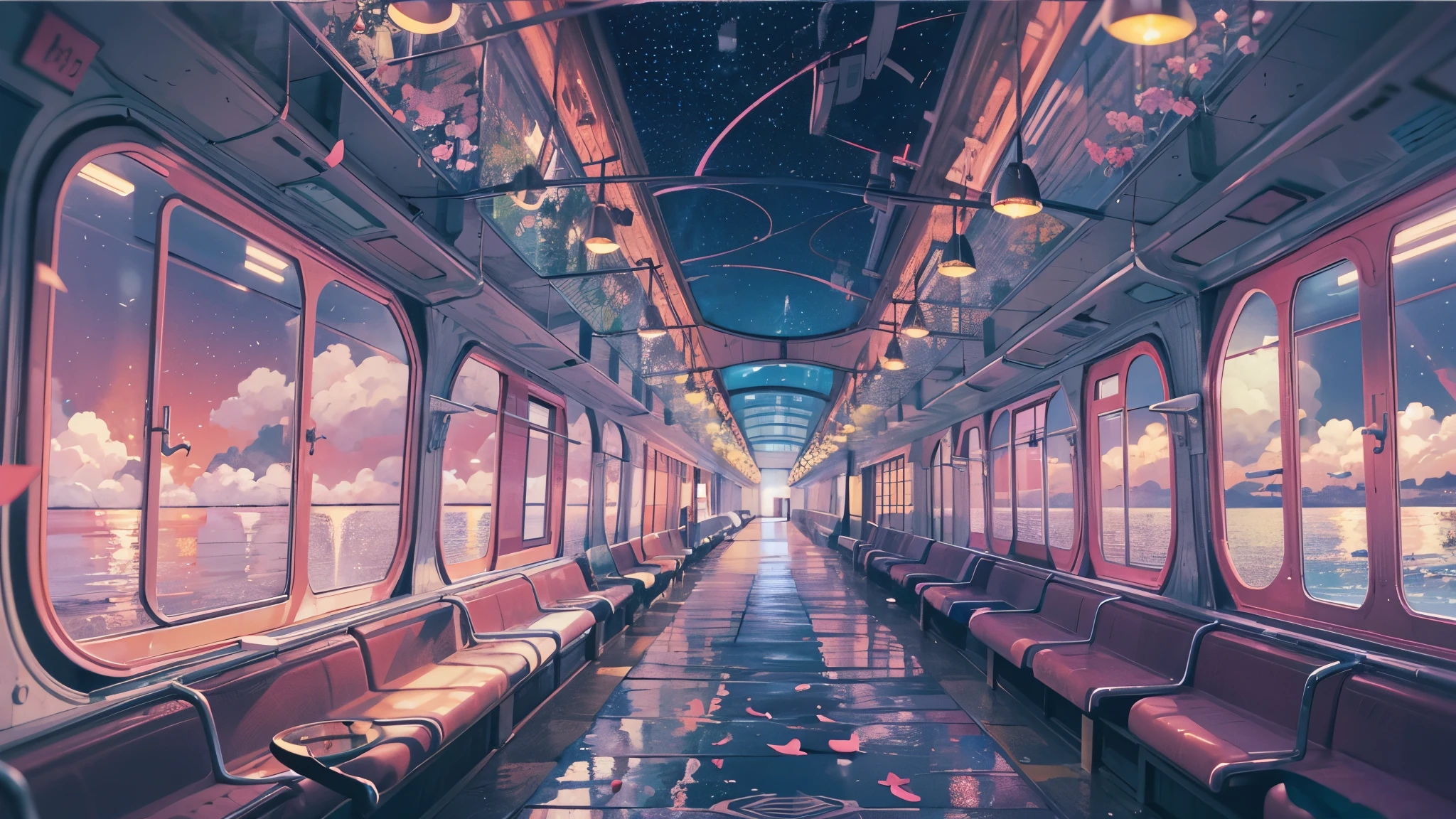 Cartoon train passing through body of water on rails, bright starry sky. pink romantic train, Picture of Makoto Shinkai, pure, concept art, Lofi Art style, reflection.,Shinkai Makoto animation art style, Lofi Art, beautiful anime scene, anime scenery, detailed scenic view, Xin Haicheng's style, Xin Haicheng's style, Enhance details