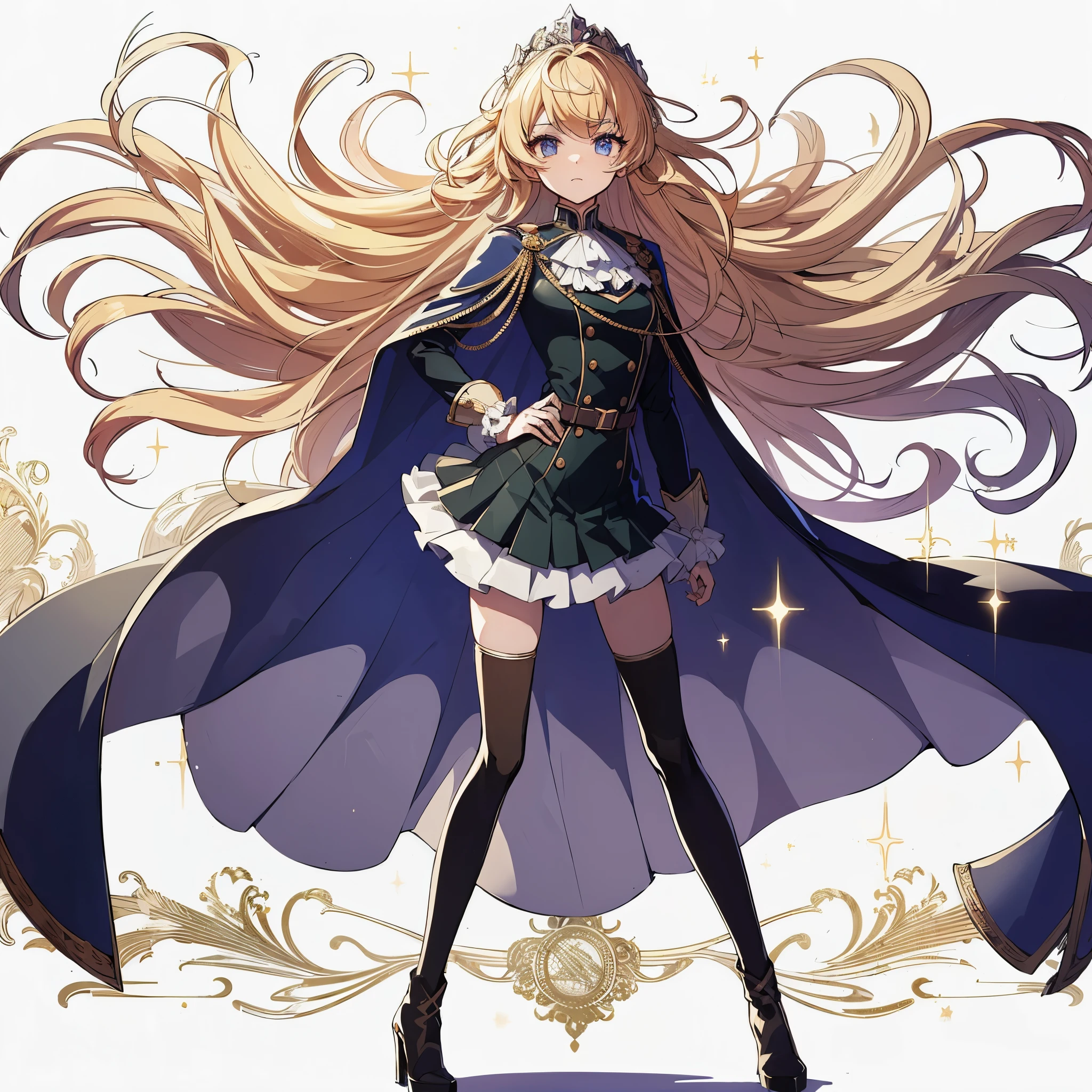 (masterpiece, highest quality), (Perfect athlete body:1.2), (detailed hair), Ultra fine, anime style, whole body, solo, aristocratic daughter、A noble blonde hairstyle and sapphire eyes、Dark green one-piece school uniform、standing on the cobblestones, high heel boots, 8K high resolution, white background, whole body、Proud appearance、High-flying car、I pulled up my hair