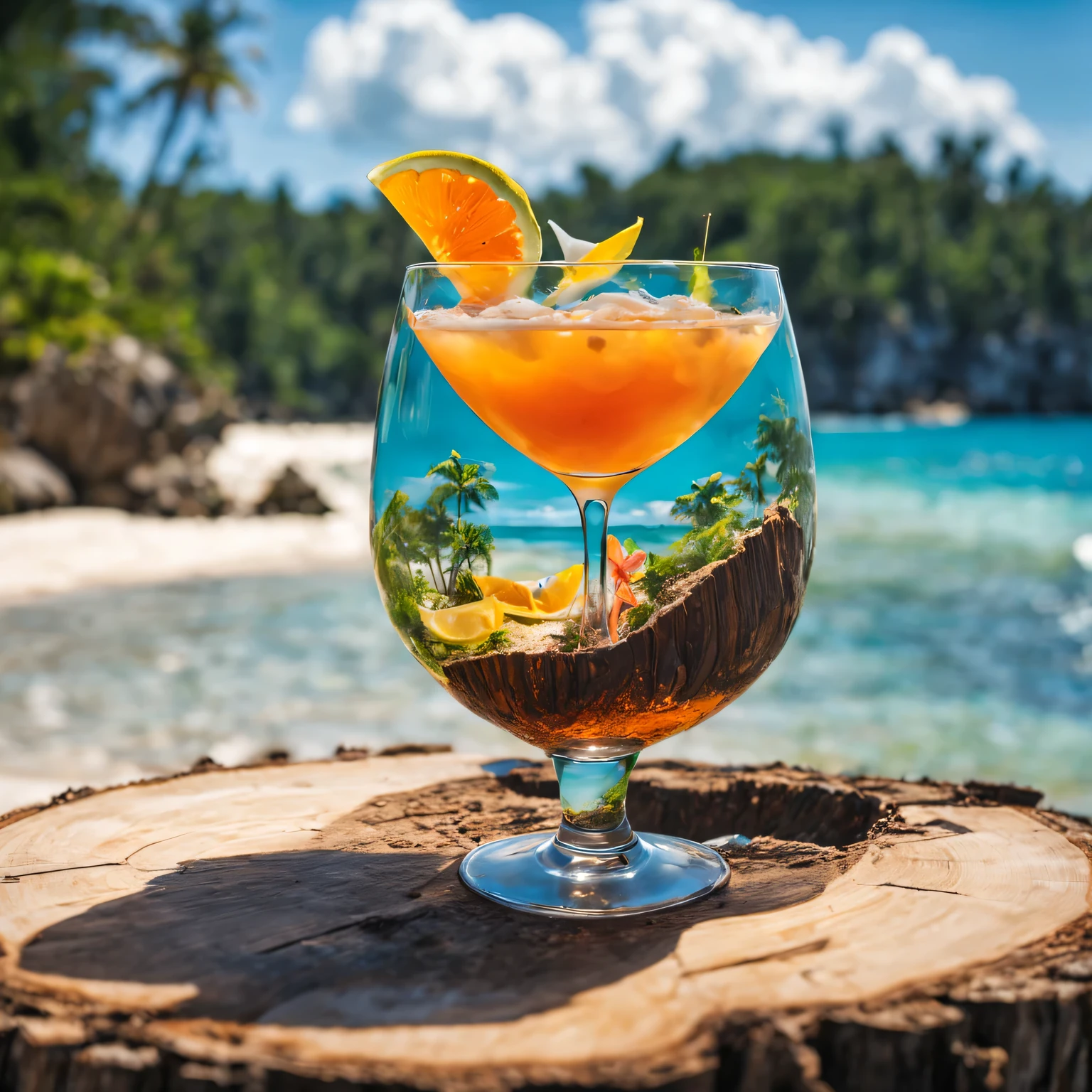 Double exposure photography: in the forest there is a large beautiful cocktail glass on a wooden stump, in glass - second exposure, depicting a mixture of beach life and people swimming in the sea in colorful swimsuits and sunglasses., The beach life blend fits neatly into the contours of a cocktail glass and replaces a cocktail, high detail, bright colors, Realistic photo