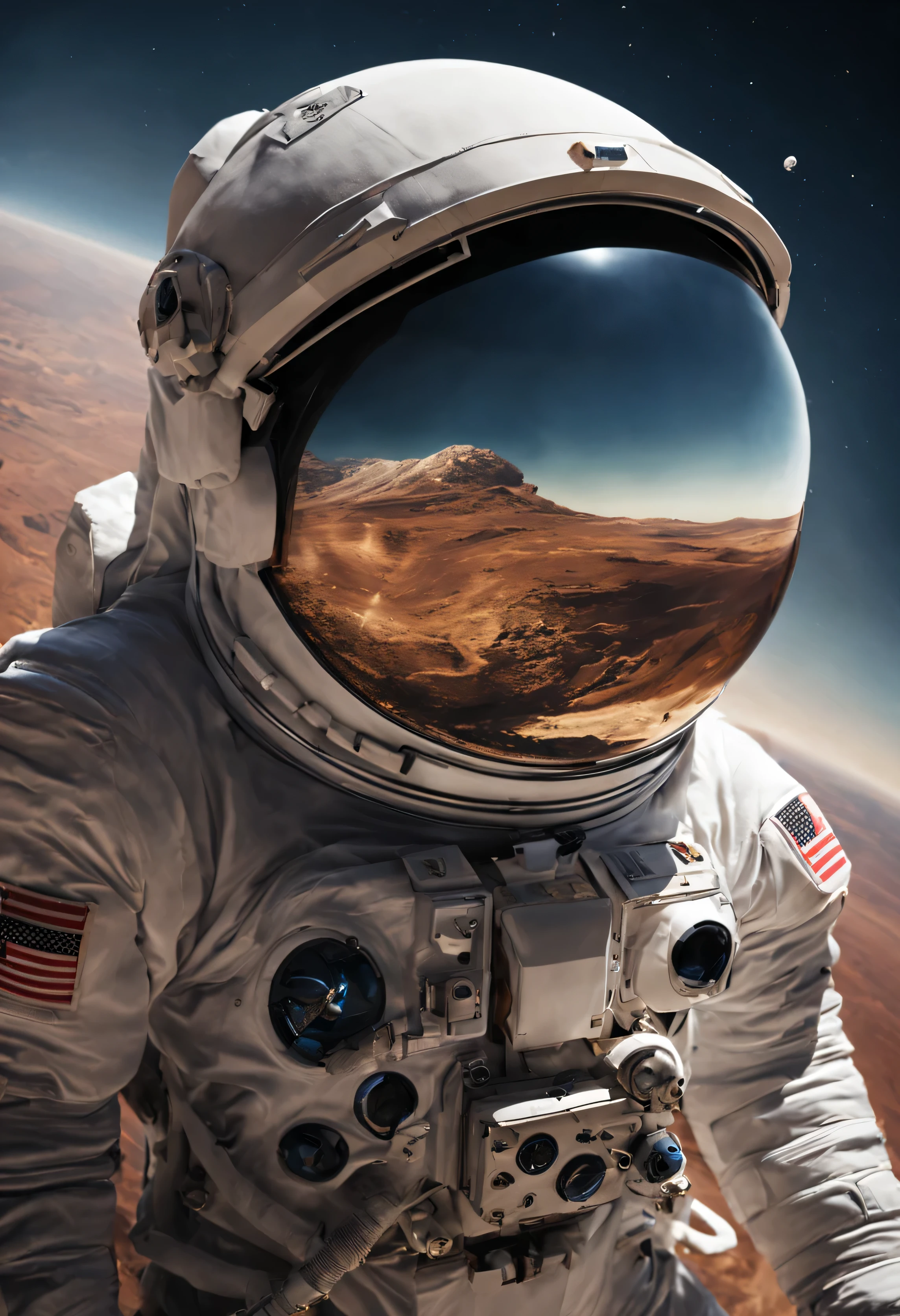 Little astronaut far from Earth, side view of the planet