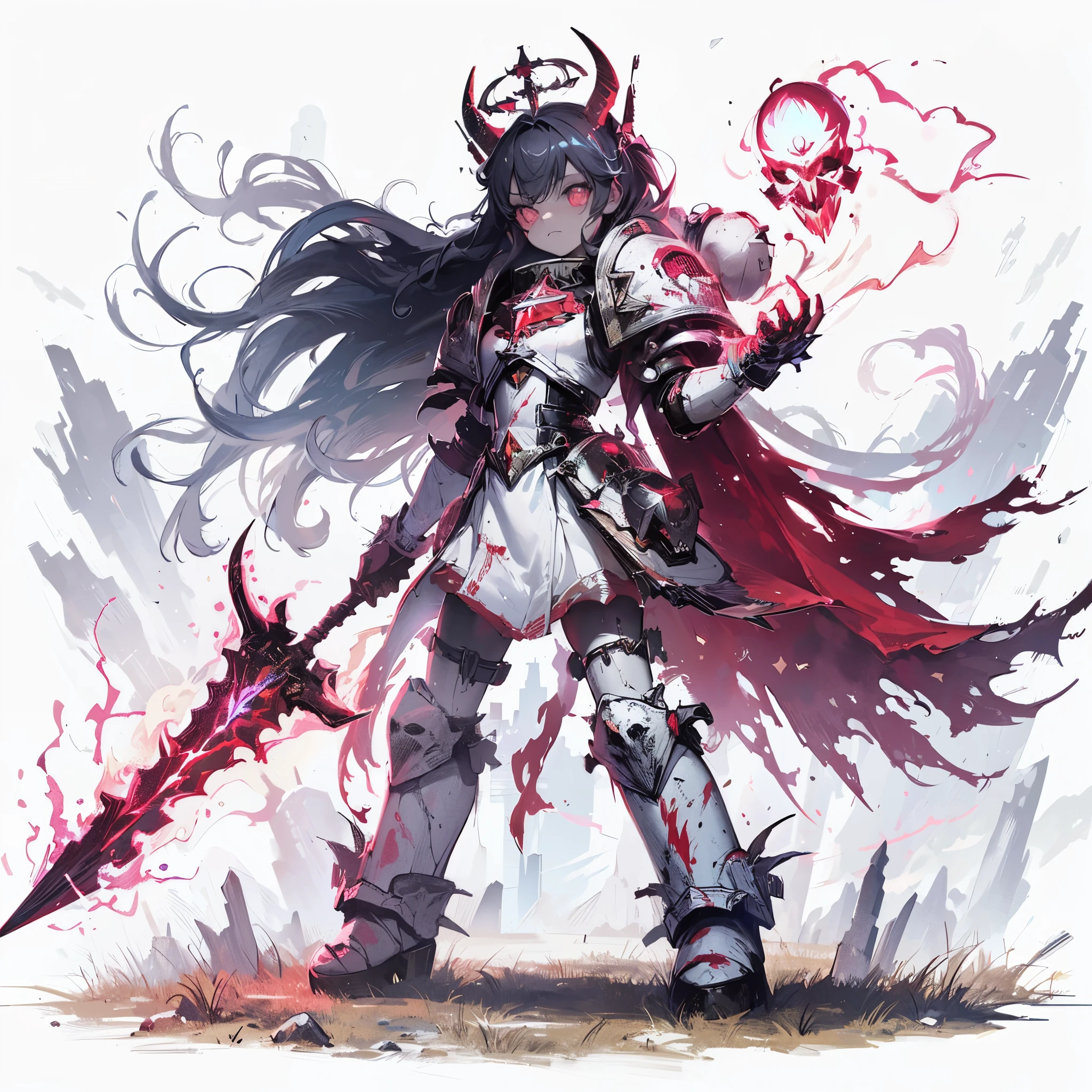 Masterpiece, best quality, ultra-detailed, anime style, full body of cute Ghostly Chaos space marine girl, daemon primark girl, bloodthirsty, dingy white and red power armor with scimitar, black topknot hair, high-heeled boots, Warhammer 40K, supernatural Lightning and flame, ((red Lightning symbol)), 8k high resolution, trending art station, white background, whole body, standing on desolate grassland
