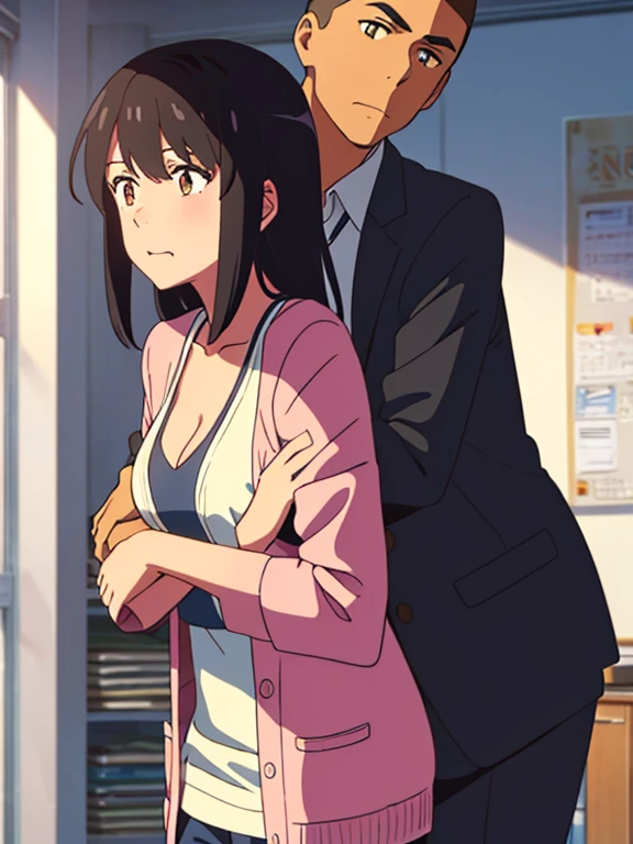shinkai makoto, kimi no na wa., 1boy, buzzcut,office suit, boy caressing girl's body, boy is hugging from behind, ear biting 1girl, bangs, black hair, brown eyes, Twisted Half Up, red ribbon, long hair, long sleeve light pink cardigan, open shirt, yellow shirt, cleavage, breast, medium breast, storage room, indoors, masterpiece, perfect anatomy, cowboyshot