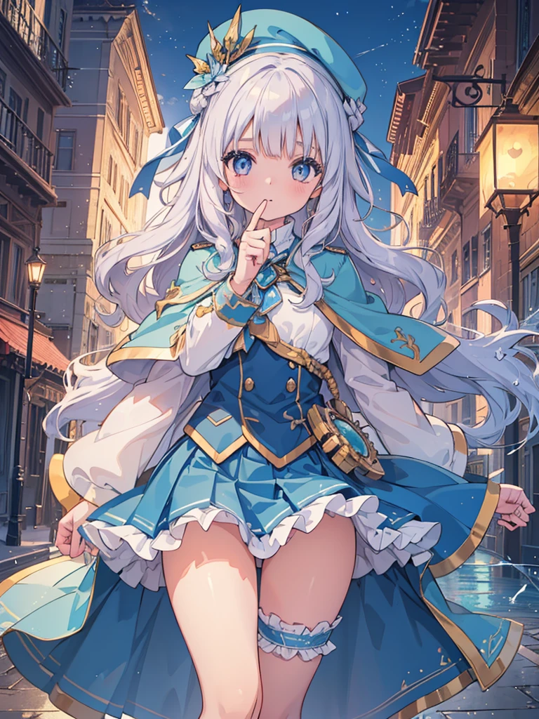 photo realistic, (masterpiece,best quality:1.4),(8k,raw photo,photo realistic:1.2),Not Safe for Work, detailed skin,detailed face,1girl,princess, cute face, super resolution,retro realistic details Illustration,,{{{elaborate,intricately,fantastic,delicately,tremendous,meticulous,minute,incredibly,obsessed,artisan's,subtle,virtuoso,skillful,vibrant, vivid, complex}}}, clearly focus edge, fresh natural gradation, best quality, amazing quality, very aesthetic, absurdres,
pubisure,
(((Blue school uniform))), mini frilled skirt, (frilled panties), happy, (White beret,Comes with a blue bow),
BREAK
(((The sacred weapon of thelong-handled spear of magical splashing))), (((Holding a magic spear))), (((Holding a magic spear))),
BREAK
medium bob, ((silver hair)), ((wavy hair)), shimmering eyes, Pink eyes, , 12 yo,(((cape))),((Blue the Bow)), Puffy Sleeves, Bangss, shortsleeves, ((Blue bow ribbon)),(White frilled apron), flat chest, beautiful hands, neck ribbon, wristband, arm garter, , twinkle in the eye, braided bangs, ((frilled ankle socks)), (((high tops))), mary janes, Heart necklace, ring, masterpiece, top-quality, not safe for work,
