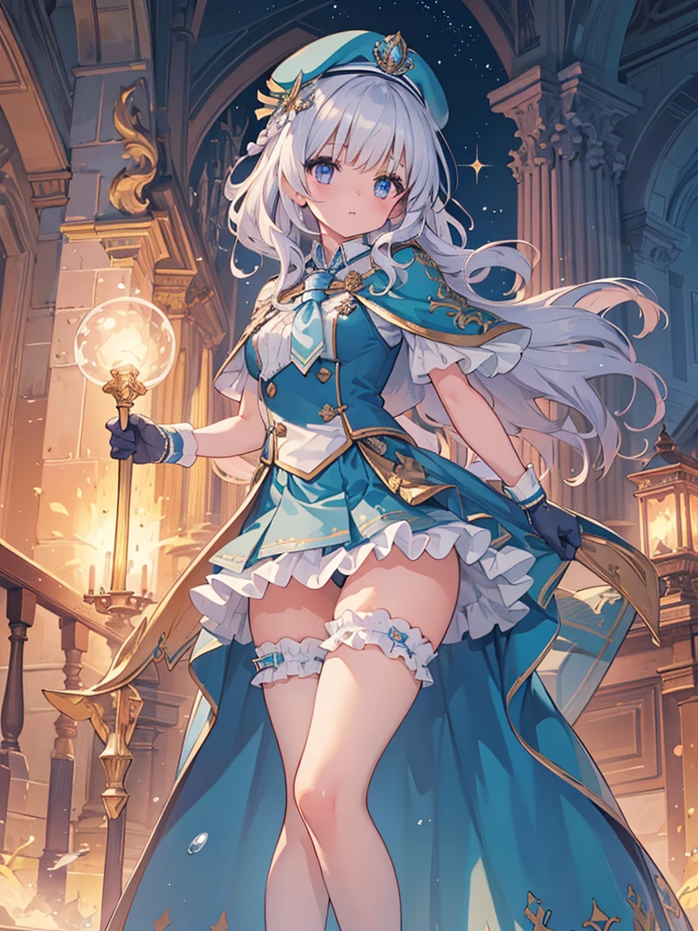 photo realistic, (masterpiece,best quality:1.4),(8k,raw photo,photo realistic:1.2),Not Safe for Work, detailed skin,detailed face,1girl,princess, cute face, super resolution,retro realistic details Illustration,,{{{elaborate,intricately,fantastic,delicately,tremendous,meticulous,minute,incredibly,obsessed,artisan's,subtle,virtuoso,skillful,vibrant, vivid, complex}}}, clearly focus edge, fresh natural gradation, best quality, amazing quality, very aesthetic, absurdres,
pubisure,
(((Blue school uniform))), mini frilled skirt, (frilled panties), happy, (White beret,Comes with a blue bow),
BREAK
(((The sacred weapon of thelong-handled spear of magical splashing))), (((Holding a magic spear))), (((Holding a magic spear))),
BREAK
medium bob, ((silver hair)), ((wavy hair)), shimmering eyes, Pink eyes, , 12 yo,(((cape))),((Blue the Bow)), Puffy Sleeves, Bangss, shortsleeves, ((Blue bow ribbon)),(White frilled apron), flat chest, beautiful hands, neck ribbon, wristband, arm garter, , twinkle in the eye, braided bangs, ((frilled ankle socks)), (((high tops))), mary janes, Heart necklace, ring, masterpiece, top-quality, not safe for work,