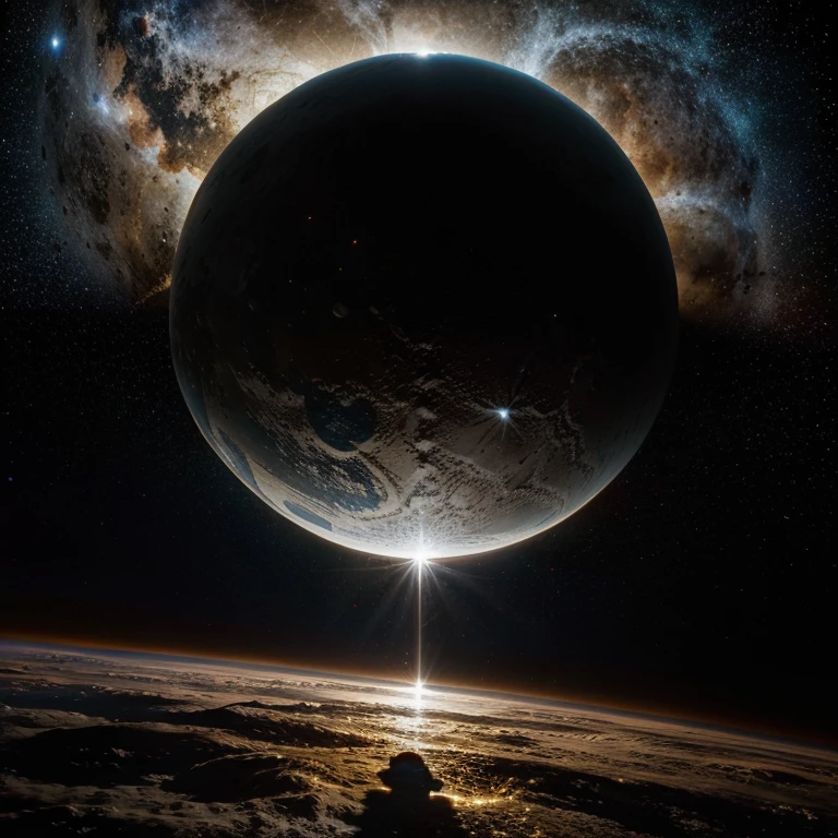 Universo, space, estrelas, sol, planetas, planeta terra na lateral, with a lot of shadow and darkness on the earth