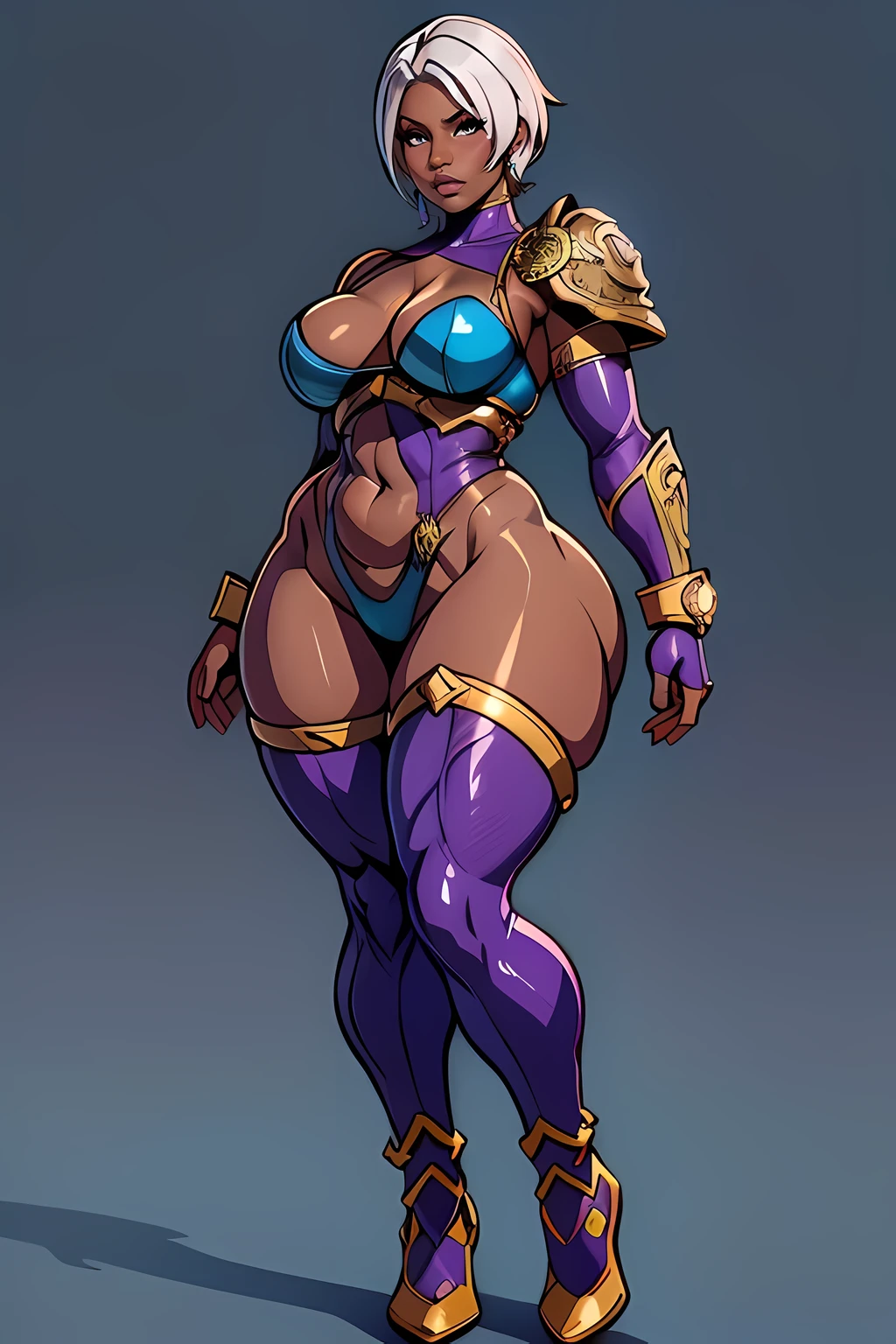 Nicki Minaj cosplaying as (Ivy from Soul Calibur), ((dark skin)), looking at viewer, busty figure, (thick thighs) (medium breasts) well-defined legs, (chubby physique), frontal, full-length, looking at the camera, facing the audience, dynamic pose, background, three-dimensional light, sleek digital concept art, beautiful full body concept art, art trend, CGsociety full-length, view from below