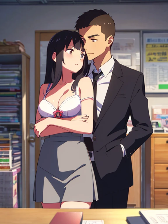 shinkai makoto, kimi no na wa., 1boy, buzzcut,office suit, boy caressing girl's body, kiss cheeks, passionate hug, boy is hugging from behind, breast groping from behind, 1girl, bangs, black hair, brown eyes, Twisted Half Up, red ribbon, long hair, loing sleeve yellow shirt, collared shirt, open shirt, unbuttoned shirt, off shoulders, pink bra, cleavage, breast, medium breast, long gray skirt, storage room, indoors, masterpiece, perfect anatomy, cowboyshot