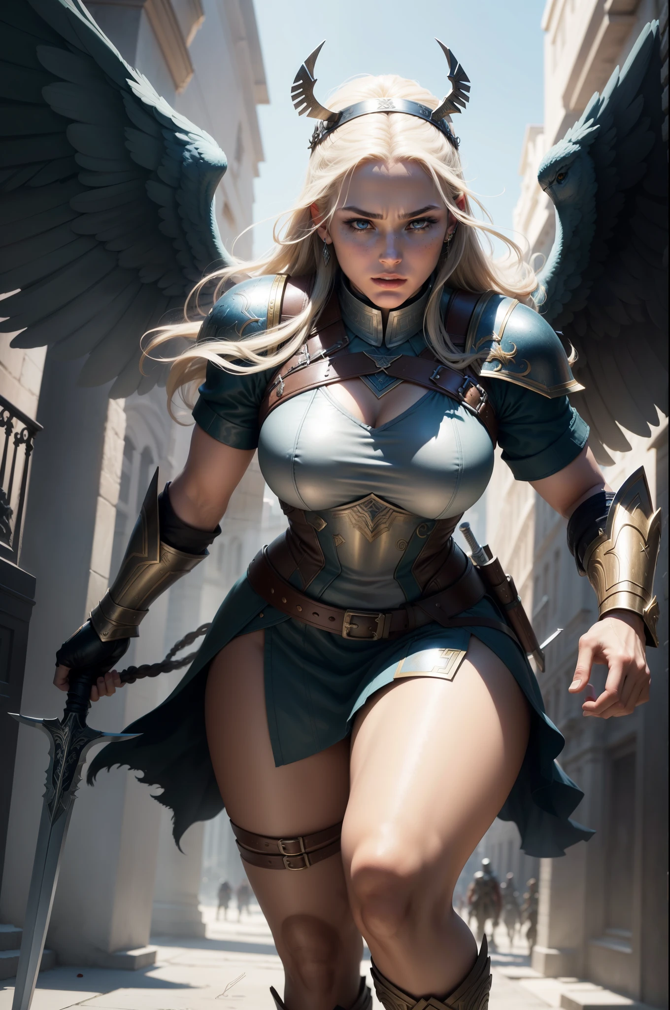 New York, Square of Time, Valkyrie, also known as Brunnhilde, is a character from Marvel Comics. She is an Asgardian warrior and a member of the Valkyries, a group of godlike warriors tasked with escorting the souls of fallen warriors to Valhalla. Valkyrie is skilled in hand-to-hand combat, wielding a sword and riding a majestic winged horse called Pegasus. She possesses superhuman strength, stamina, and longevity due to her Asgardian heritage. Additionally, Valkyrie is notable for her leadership, determination, and loyalty to her fellow Asgardians and the Avengers. Her presence brings a touch of mysticism and heroism to the mythology of the Marvel Universe. (best quality: 1.0), (Ultra Highres: 1.0), highly detailed face and eyes, (photorealistic: 1.2)