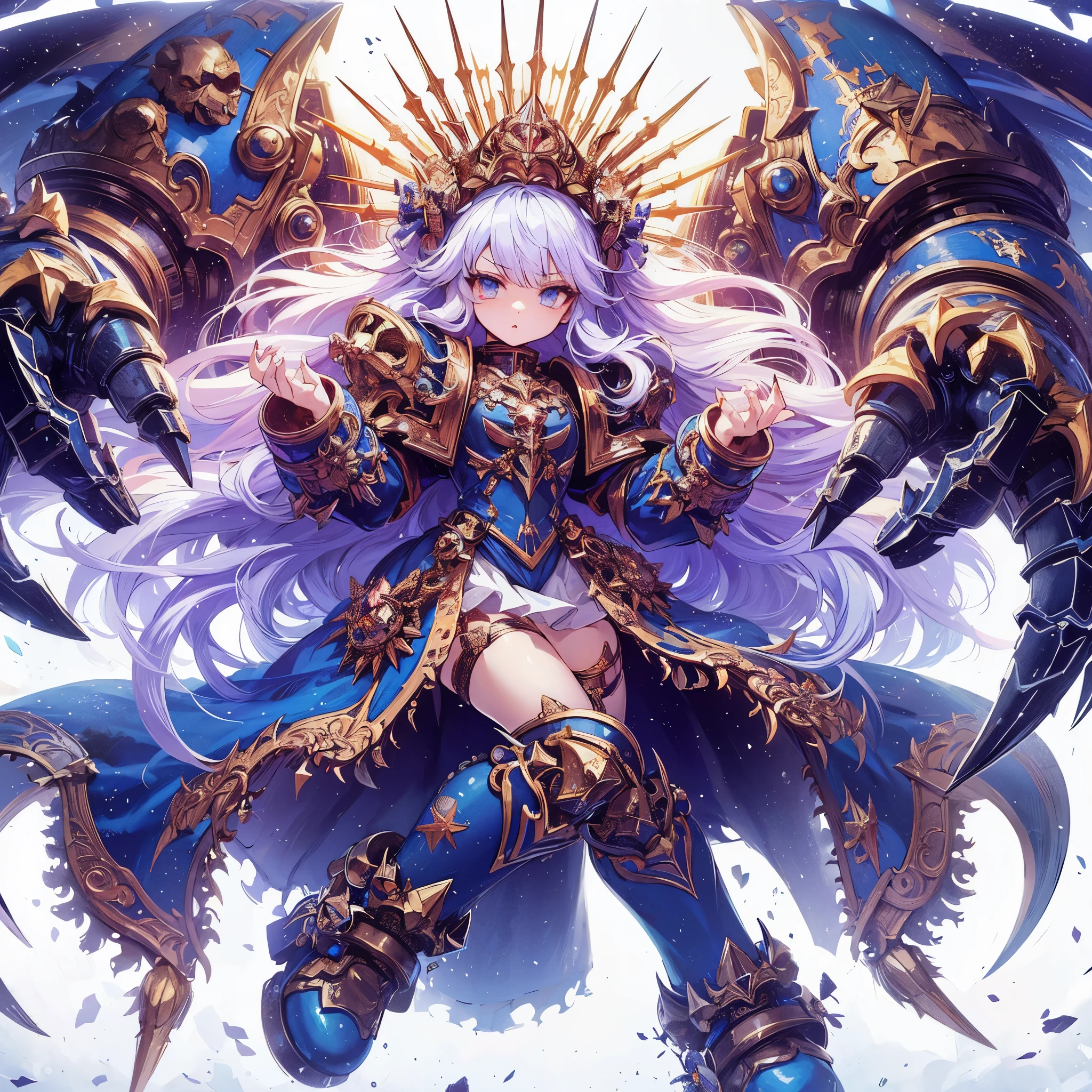 Masterpiece, best quality, ultra-detailed, anime style, full body of cute Chaos space marine girl, Demon Primark girl, sinister and ominous aura, luxurious ultra blue power armor, both arms as GIANT HUGE claws, majestically crowned, shining gold hair, high-heeled boots, warhammer 40K, supernatural Lightning and flame, ((Eight-pointed star symbol)), 8k high resolution, trending art station, white background, whole body,