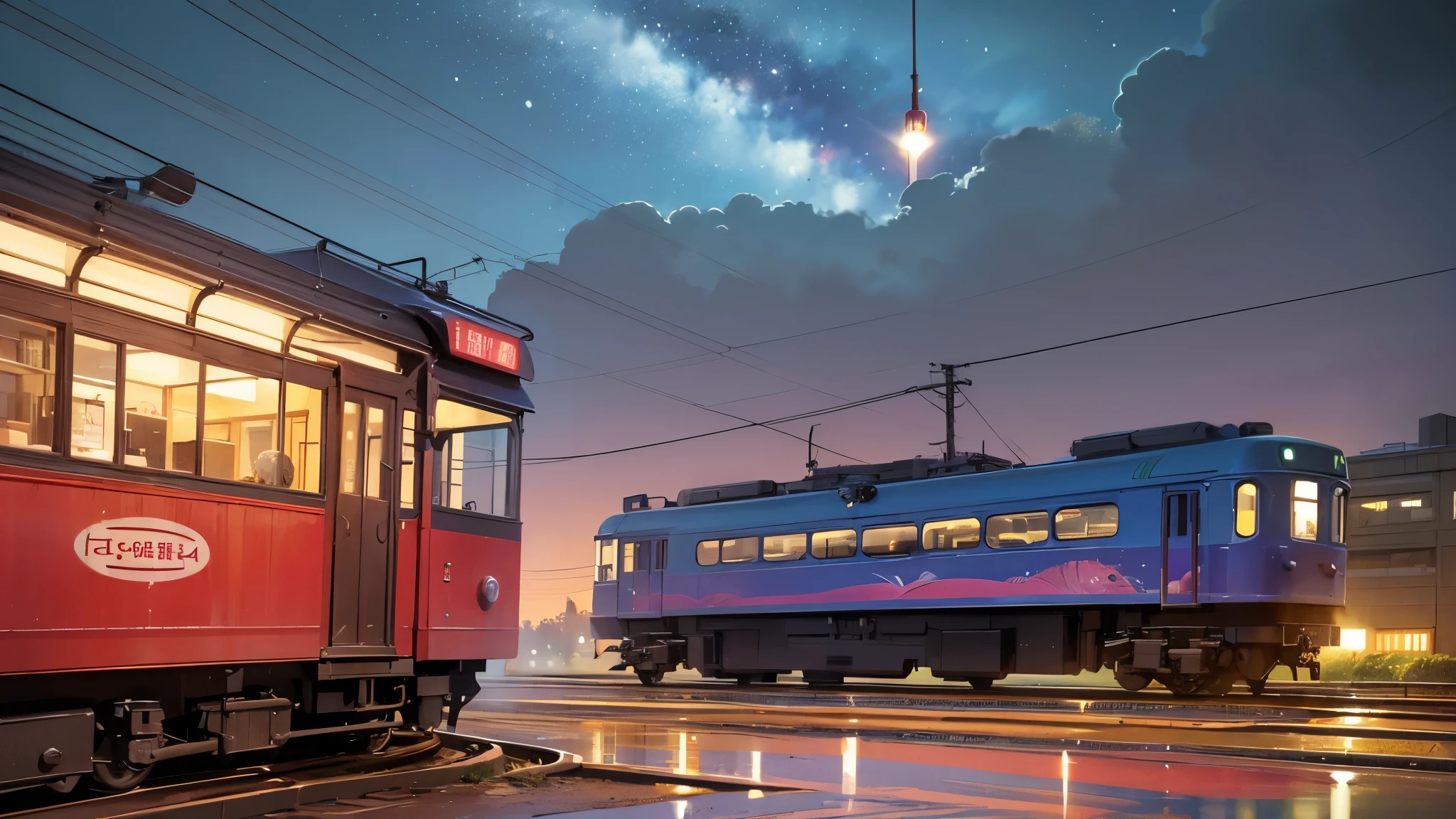 Cartoon train passing through body of water on rails, bright starry sky. pink romantic train, Picture of Makoto Shinkai, pure, concept art, Lofi Art style, reflection.,Shinkai Makoto animation art style, Lofi Art, beautiful anime scene, anime scenery, detailed scenic view, Xin Haicheng's style, Xin Haicheng's style, Enhance details