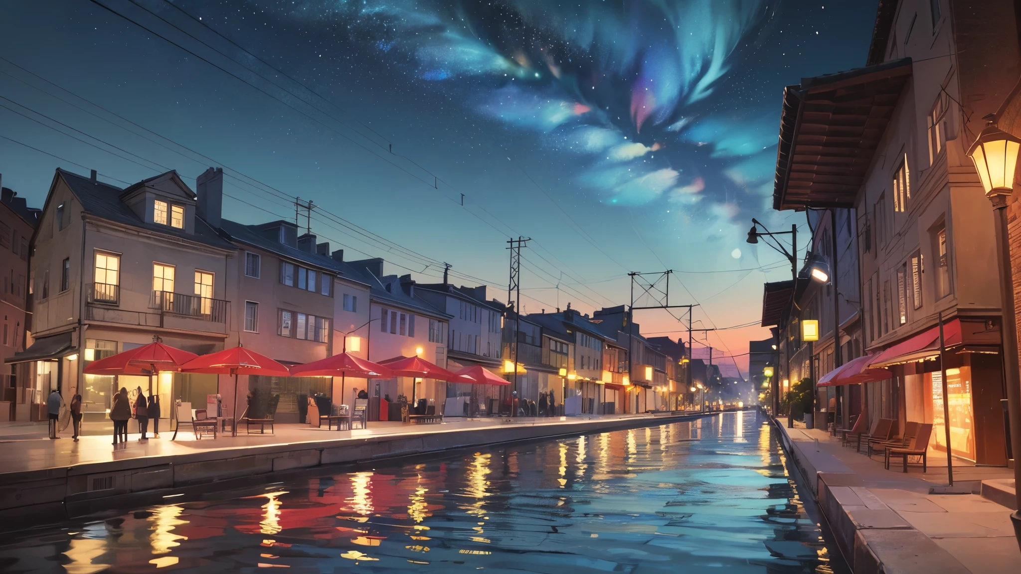 Cartoon train passing through body of water on rails, bright starry sky. pink romantic train, Picture of Makoto Shinkai, pure, concept art, Lofi Art style, reflection.,Shinkai Makoto animation art style, Lofi Art, beautiful anime scene, anime scenery, detailed scenic view, Xin Haicheng's style, Xin Haicheng's style, Enhance details