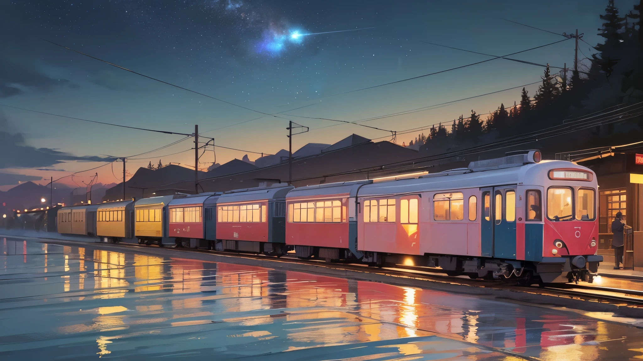 Cartoon train passing through body of water on rails, bright starry sky. pink romantic train, Picture of Makoto Shinkai, pure, concept art, Lofi Art style, reflection.,Shinkai Makoto animation art style, Lofi Art, beautiful anime scene, anime scenery, detailed scenic view, Xin Haicheng's style, Xin Haicheng's style, Enhance details