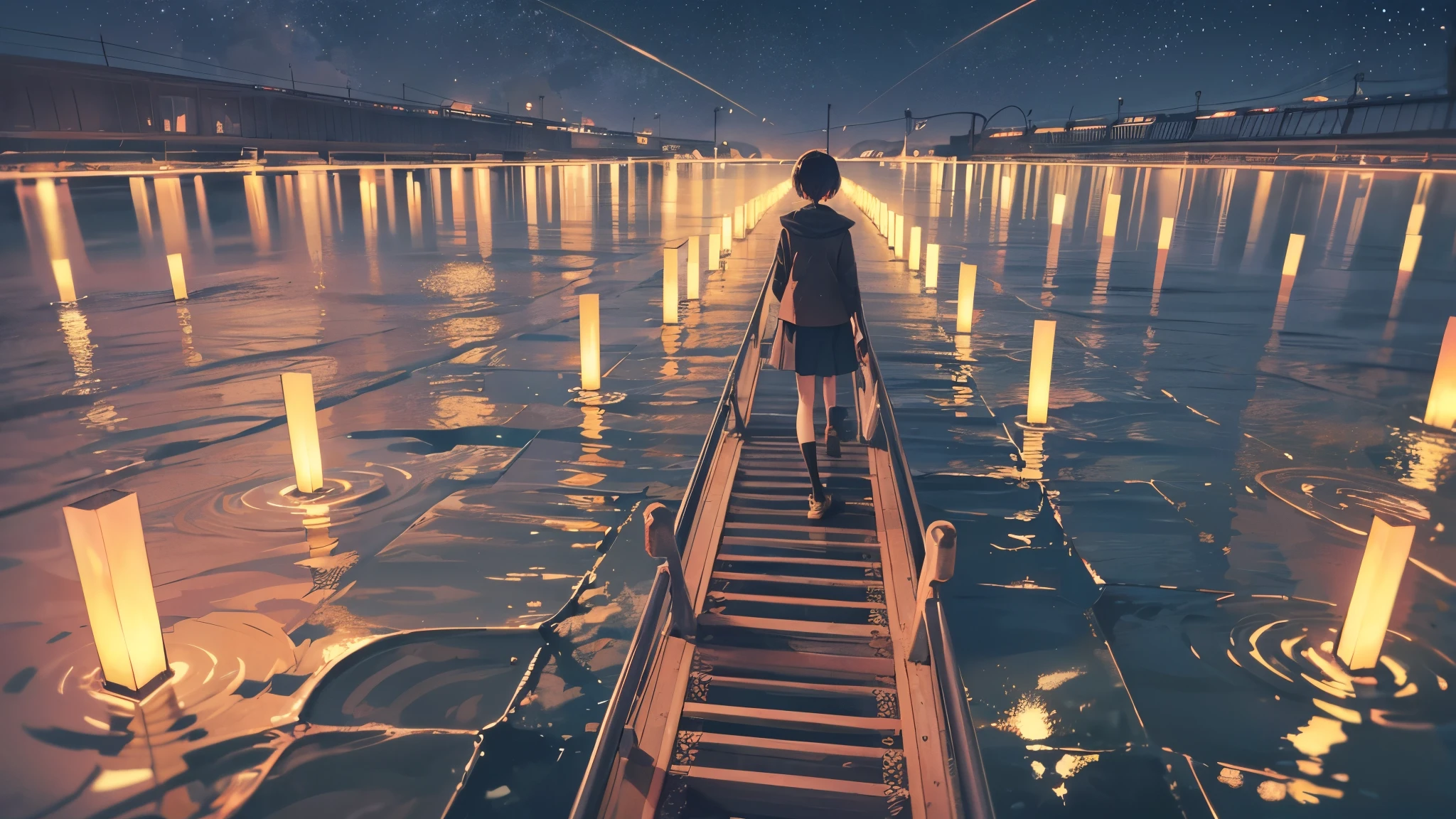 Cartoon train passing through body of water on rails, bright starry sky. pink romantic train, Picture of Makoto Shinkai, pure, concept art, Lofi Art style, reflection.,Shinkai Makoto animation art style, Lofi Art, beautiful anime scene, anime scenery, detailed scenic view, Xin Haicheng's style, Xin Haicheng's style, Enhance details