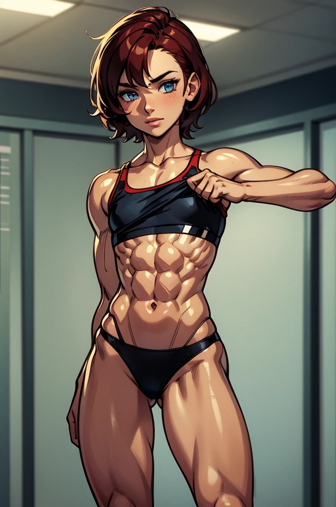 (masterpiece, high quality), 1girl, Caucasian, tomboy, short red hair, blue eyes, 16-years-old, gym locker room, (black panties), white crop top, strong arms, muscular thighs, ripped muscles, six pack abs, muscle arms, muscular, flat chest, hyper detailed, Intricate design, Luminous, 4K, 8K, Cinematic lighting, Contour lighting, bright, soft light