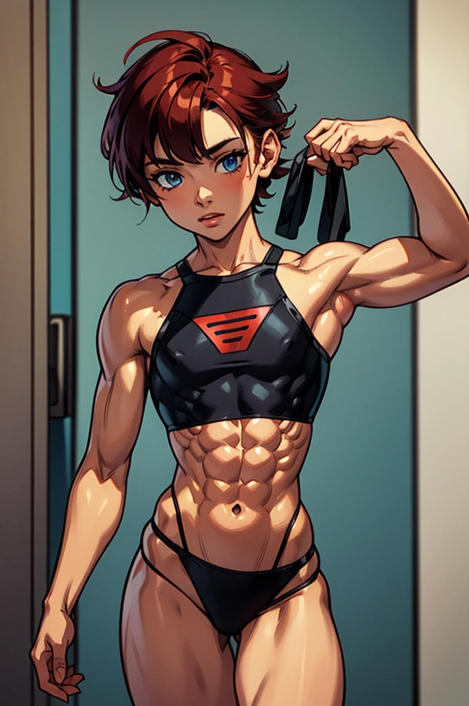 (masterpiece, high quality), 1girl, Caucasian, tomboy, short red hair, blue eyes, 16-years-old, gym locker room, (black panties), white crop top, strong arms, muscular thighs, ripped muscles, six pack abs, muscle arms, muscular, flat chest, hyper detailed, Intricate design, Luminous, 4K, 8K, Cinematic lighting, Contour lighting, bright, soft light