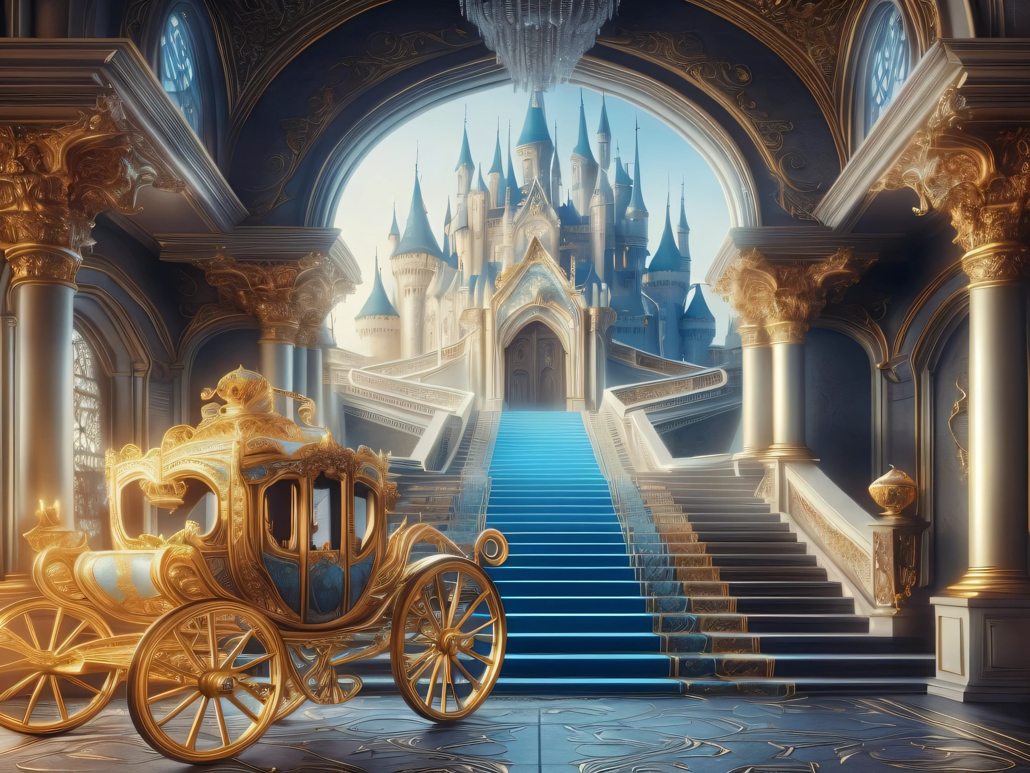 a close up of a horse drawn carriage in front of a castle, beautiful render of a fairytale, fantasy fairytale story, fairy tale style background, lying a throne in a fantasy land, fairytale artwork, carriage, palace background, stuning fantasy 3 d render, fantasy castle, castle background, nostalgia for a fairytale, matte painting in fantasy style, by Alexander Kucharsky