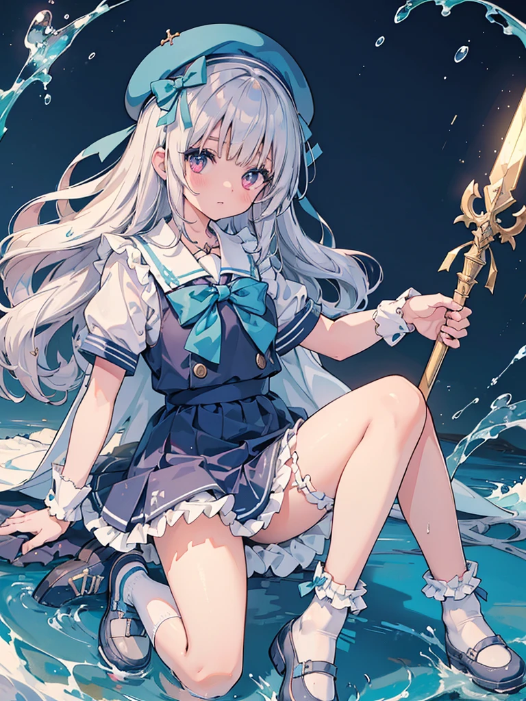 photo realistic, (masterpiece,best quality:1.4),(8k,raw photo,photo realistic:1.2),Not Safe for Work, detailed skin,detailed face,1girl,princess, cute face, super resolution,retro realistic details Illustration,,{{{elaborate,intricately,fantastic,delicately,tremendous,meticulous,minute,incredibly,obsessed,artisan's,subtle,virtuoso,skillful,vibrant, vivid, complex}}}, clearly focus edge, fresh natural gradation, best quality, amazing quality, very aesthetic, absurdres,
pubisure,
(((Blue school uniform))), mini frilled skirt, (frilled panties), happy, (White beret,Comes with a blue bow),
BREAK
(((The sacred weapon of thelong-handled spear of magical splashing))),
BREAK
medium bob, ((silver hair)), ((wavy hair)), shimmering eyes, Pink eyes, , 12 yo,(((cape))),((Blue the Bow)), Puffy Sleeves, Bangss, shortsleeves, ((Blue bow ribbon)),(White frilled apron), flat chest, beautiful hands, neck ribbon, wristband, arm garter, baby face, twinkle in the eye, braided bangs, ((frilled ankle socks)), (((high tops))), mary janes, Heart necklace, ring, masterpiece, top-quality, not safe for work,
