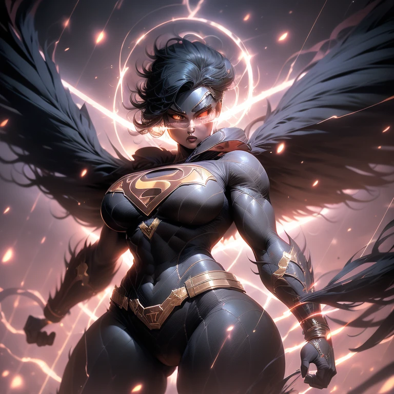 (1girl), (Iconic HawkgirL), in focus, photograph, (stylized, comic-book realism), (full body shot), wings spread wide, chest area accentuated, big breasts, detailed musculature, defined arms, wings feathers ruffled, intense gaze, red and gold armor, golden hoop earrings, bold black eyes, textured skin, intricate details, high quality, vibrant colors, comic book art style, dynamic pose.