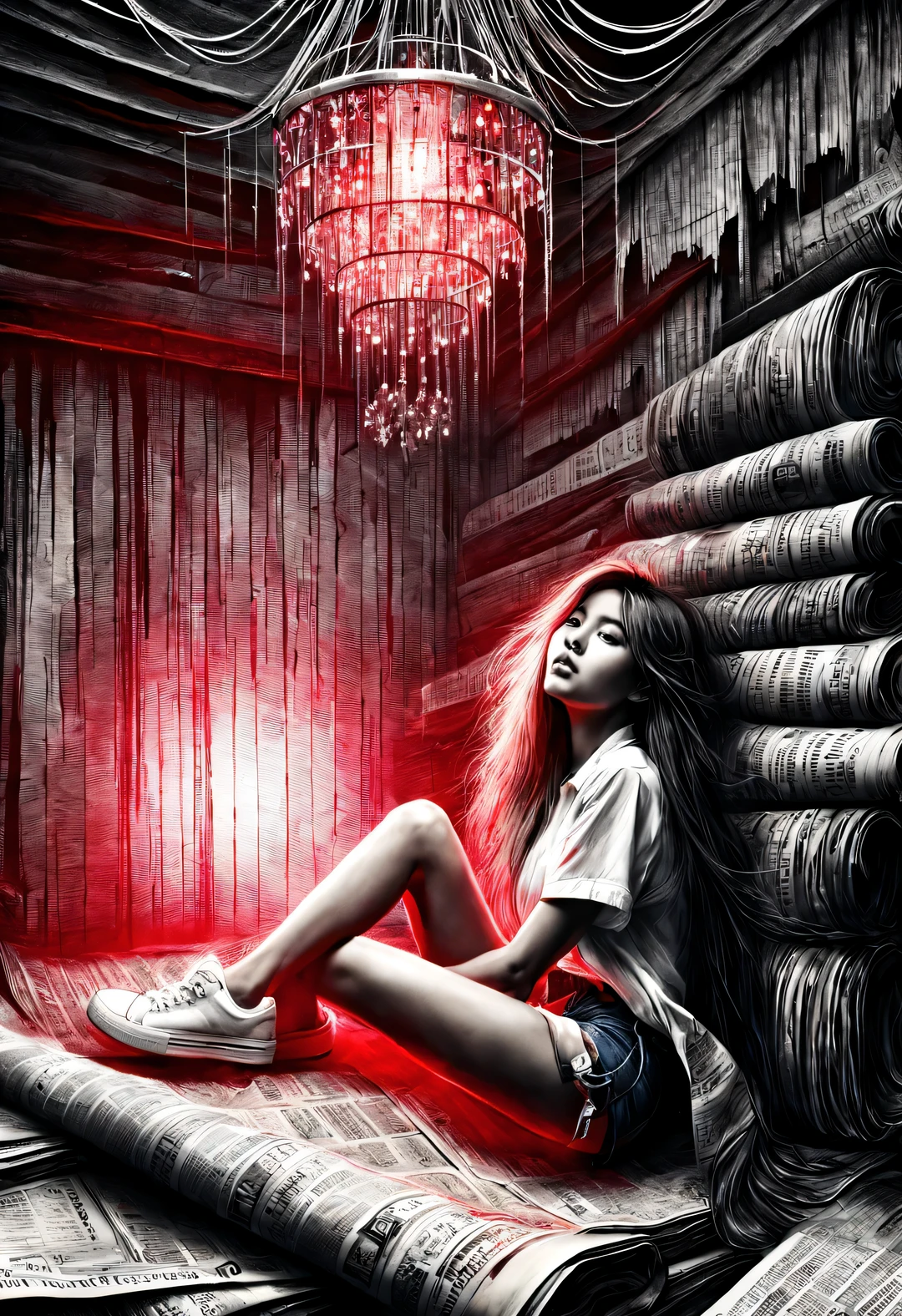 (Graphite painting), (A beautiful charming girl sits cross-legged on a mountain of old newspapers in the basement), (She is wearing a white crew neck shirt and jeans), A young and wild Asian face, Slightly mixed face shape, (closure), (Slightly square chin: 0.4), Messy extra-long hair, (Lazy), (perfect face), Slightly narrowed slender eyes, sports shoes, (The ceiling chandelier emits a dim red light: 1.34),
background: The basement is covered with many old newspapers and dilapidated walls,
90's anime style, Bold silhouettes, Graphic arts, line art, black and white, line art with pen pressure, Pen pressure sketch, Calligraphy pen with pen pressure, G pen style,With pen pressure, Hand drawn thick lines, high contrast, IG model,
